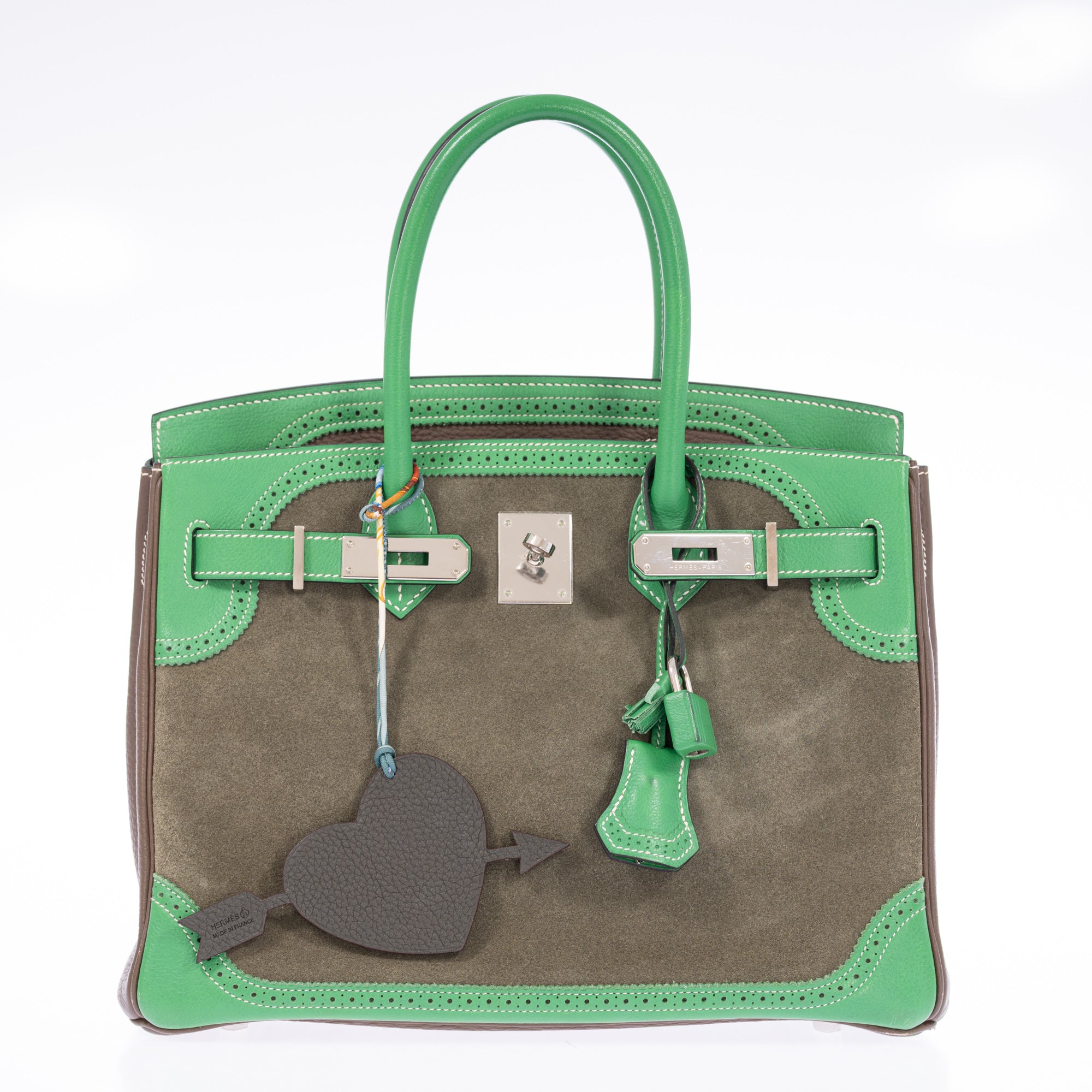 Hermès Birkin 30 Grizzly Ghillies Étoupe/Bambou/Vert de Gris Veau Doblis/Clémence/Evercolor Palladium Hardware