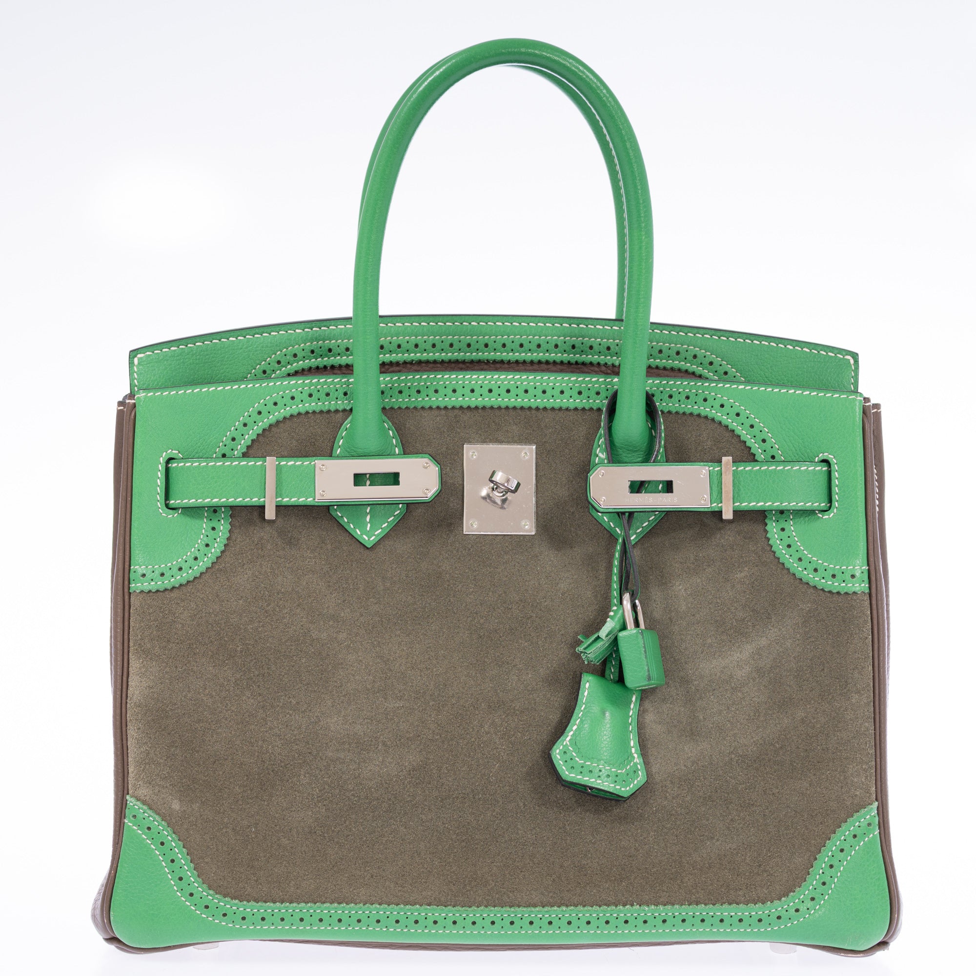 Hermès Birkin 30 Grizzly Ghillies Étoupe/Bambou/Vert de Gris Veau Doblis/Clémence/Evercolor Palladium Hardware