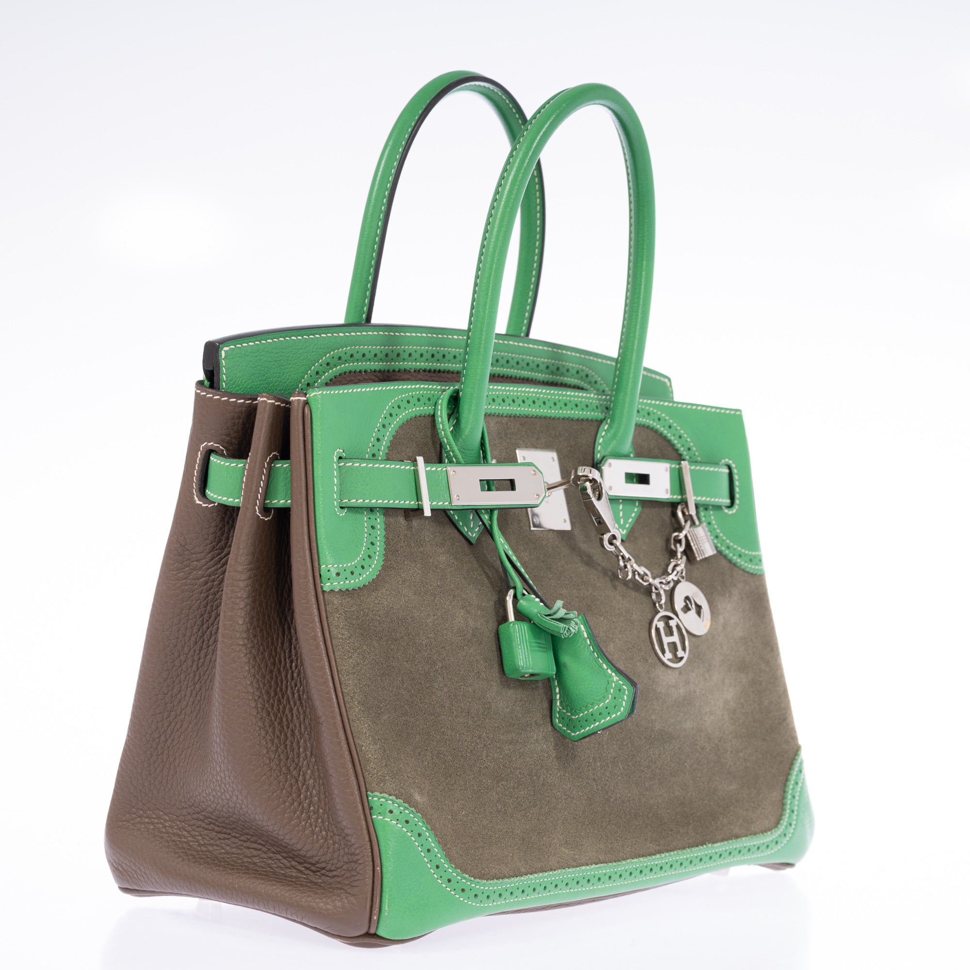 Hermès Birkin 30 Grizzly Ghillies Étoupe/Bambou/Vert de Gris Veau Doblis/Clémence/Evercolor Palladium Hardware