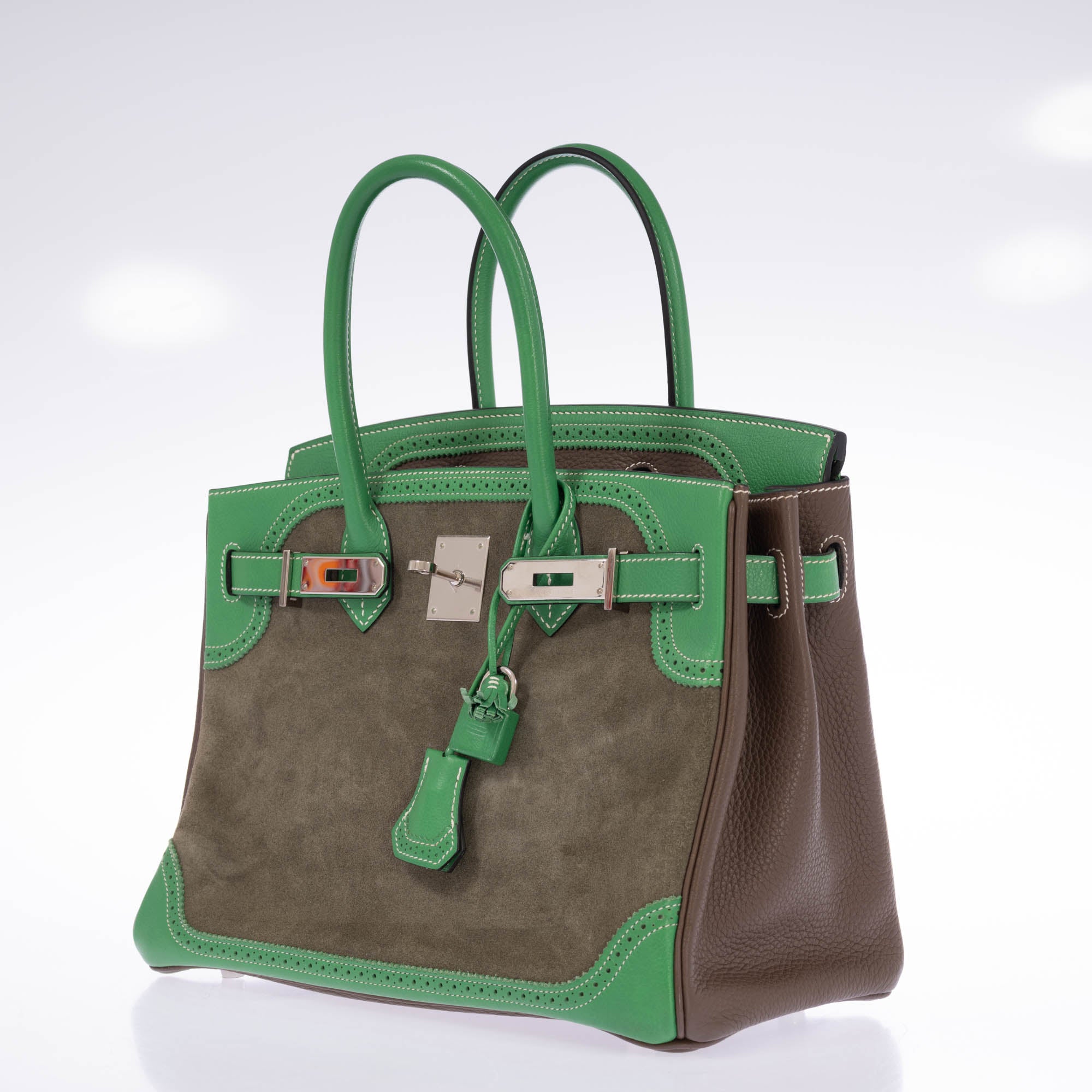 Hermès Birkin 30 Grizzly Ghillies Étoupe/Bambou/Vert de Gris Veau Doblis/Clemence/Evercolor Palladium Hardware