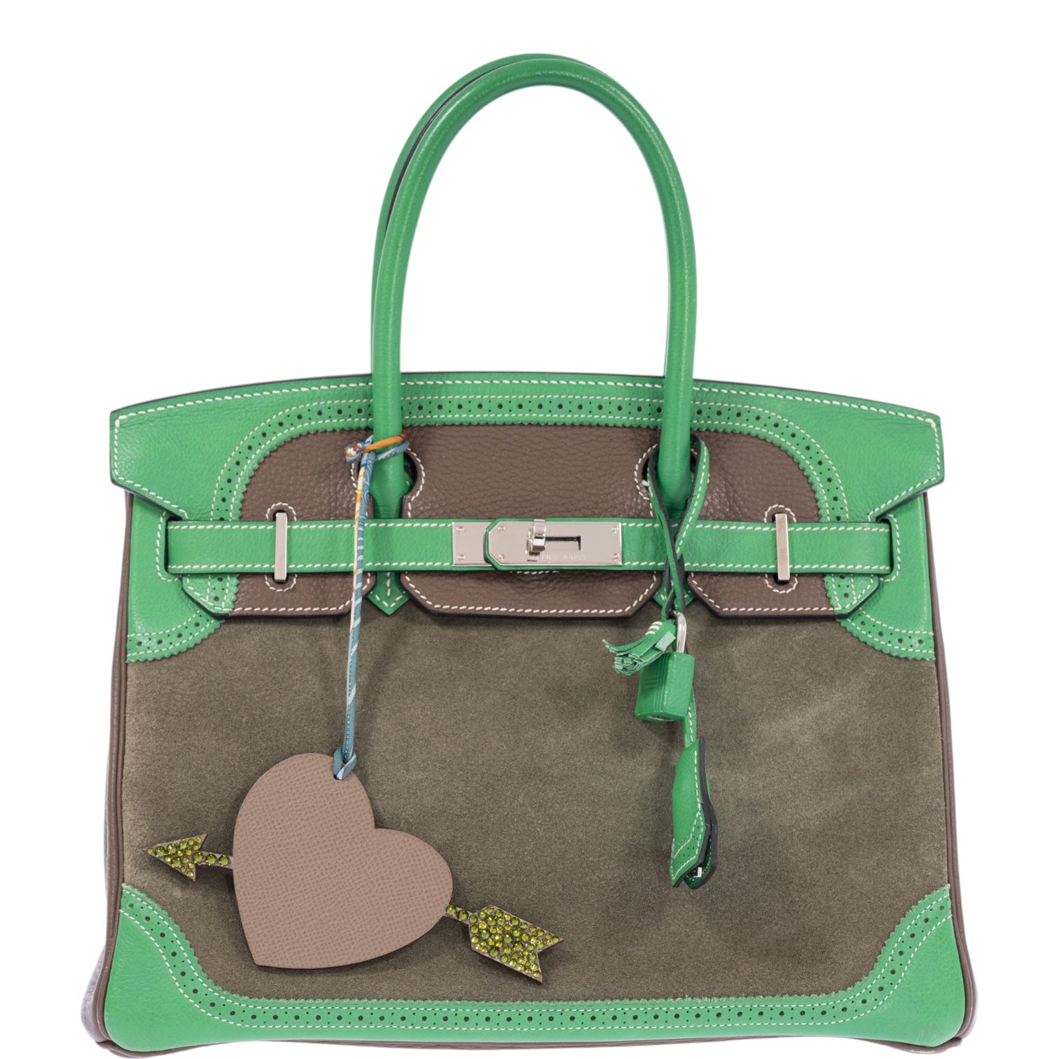 Hermès Birkin 30 Grizzly Ghillies Étoupe/Bambou/Vert de Gris Veau Doblis/Clémence/Evercolor Palladium Hardware