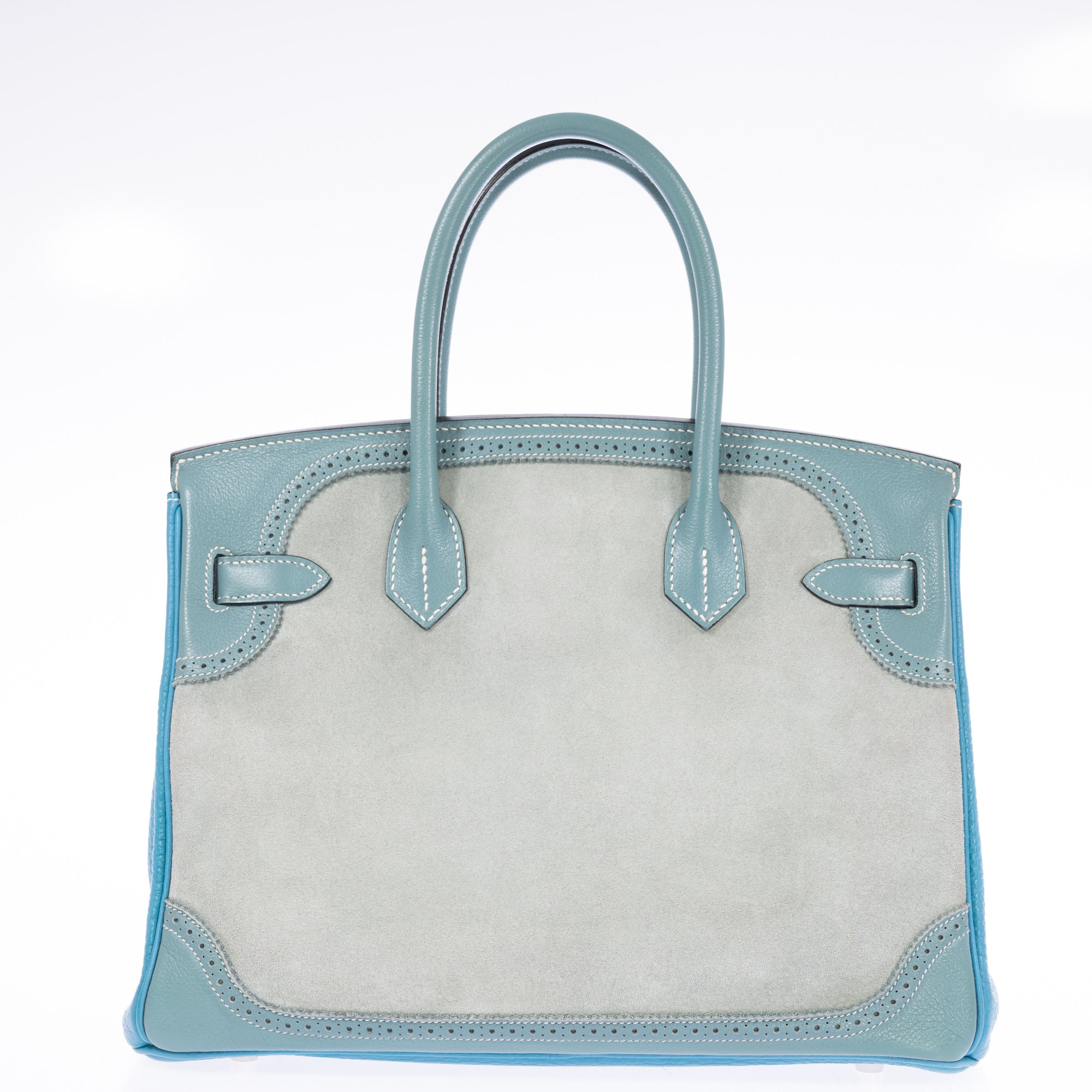 Hermès Birkin 30 Grizzly Ghillies Gris Perle Doblis, Ciel Evercolor & Turquoise Clémence Palladium Hardware