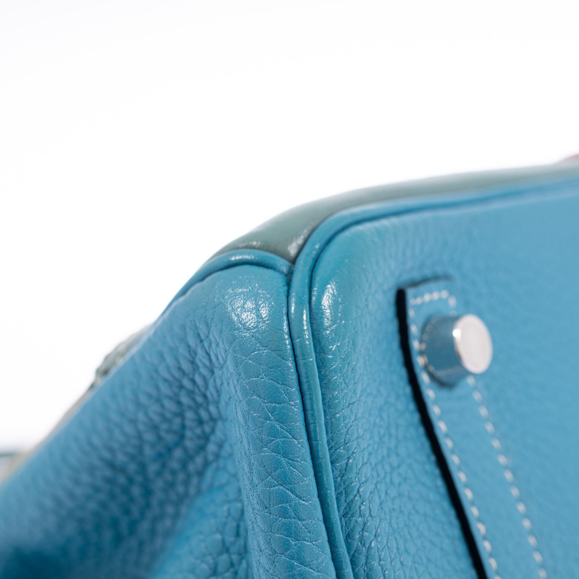 Hermès Birkin 30 Grizzly Ghillies Gris Perle Doblis, Ciel Evercolor & Turquoise Clémence Palladium Hardware