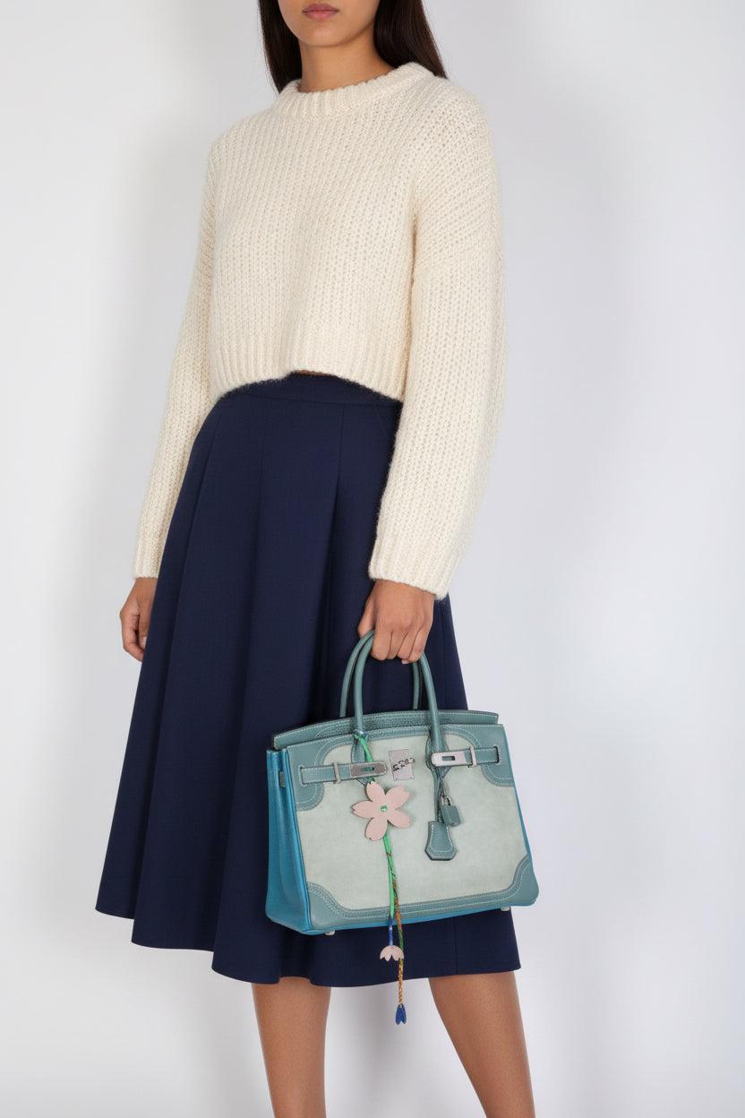 Hermès Birkin 30 Grizzly Ghillies Gris Perle Doblis, Ciel Evercolor & Turquoise Clémence Palladium Hardware