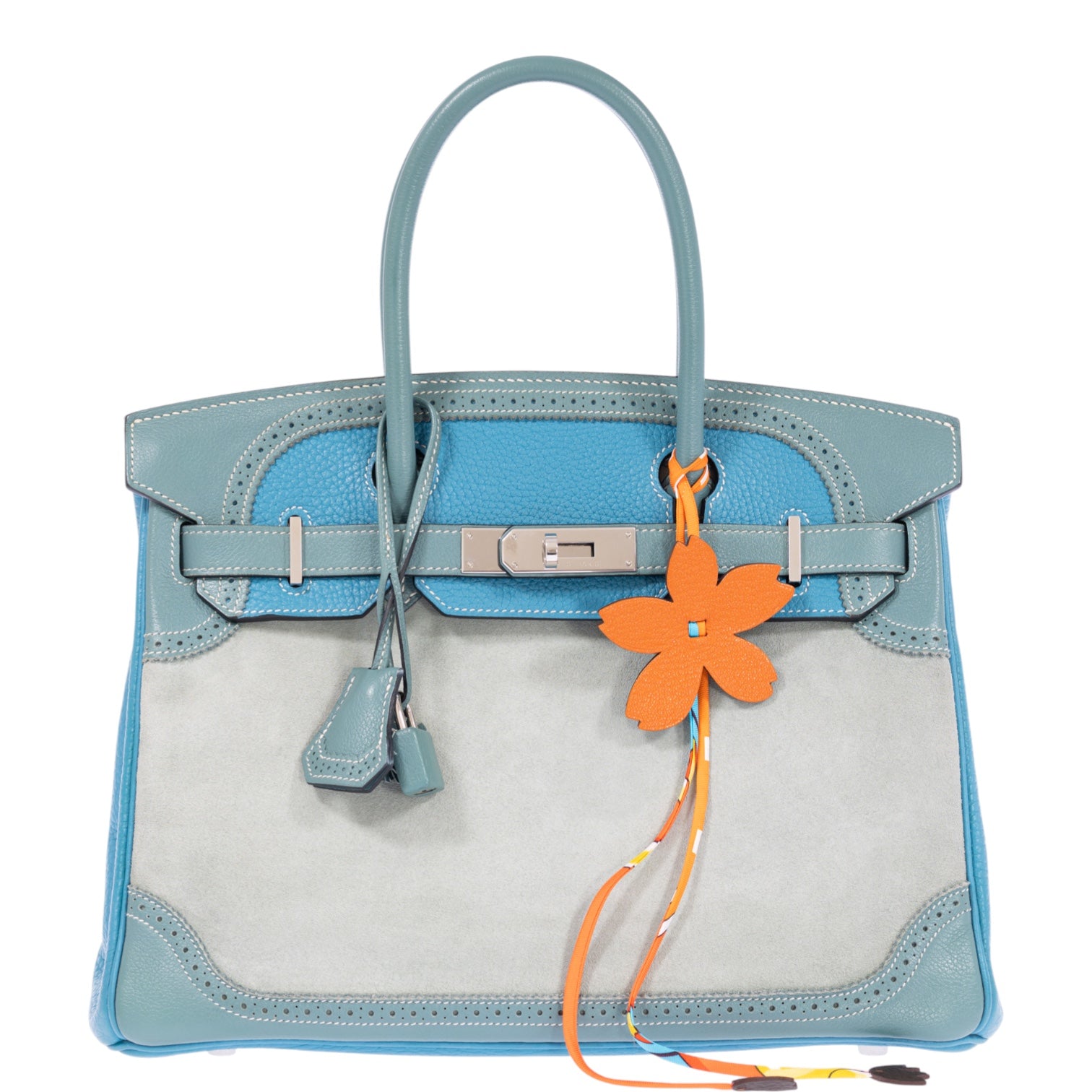 Hermès Birkin 30 Grizzly Ghillies Gris Perle Doblis, Ciel Evercolor & Turquoise Clémence Palladium Hardware