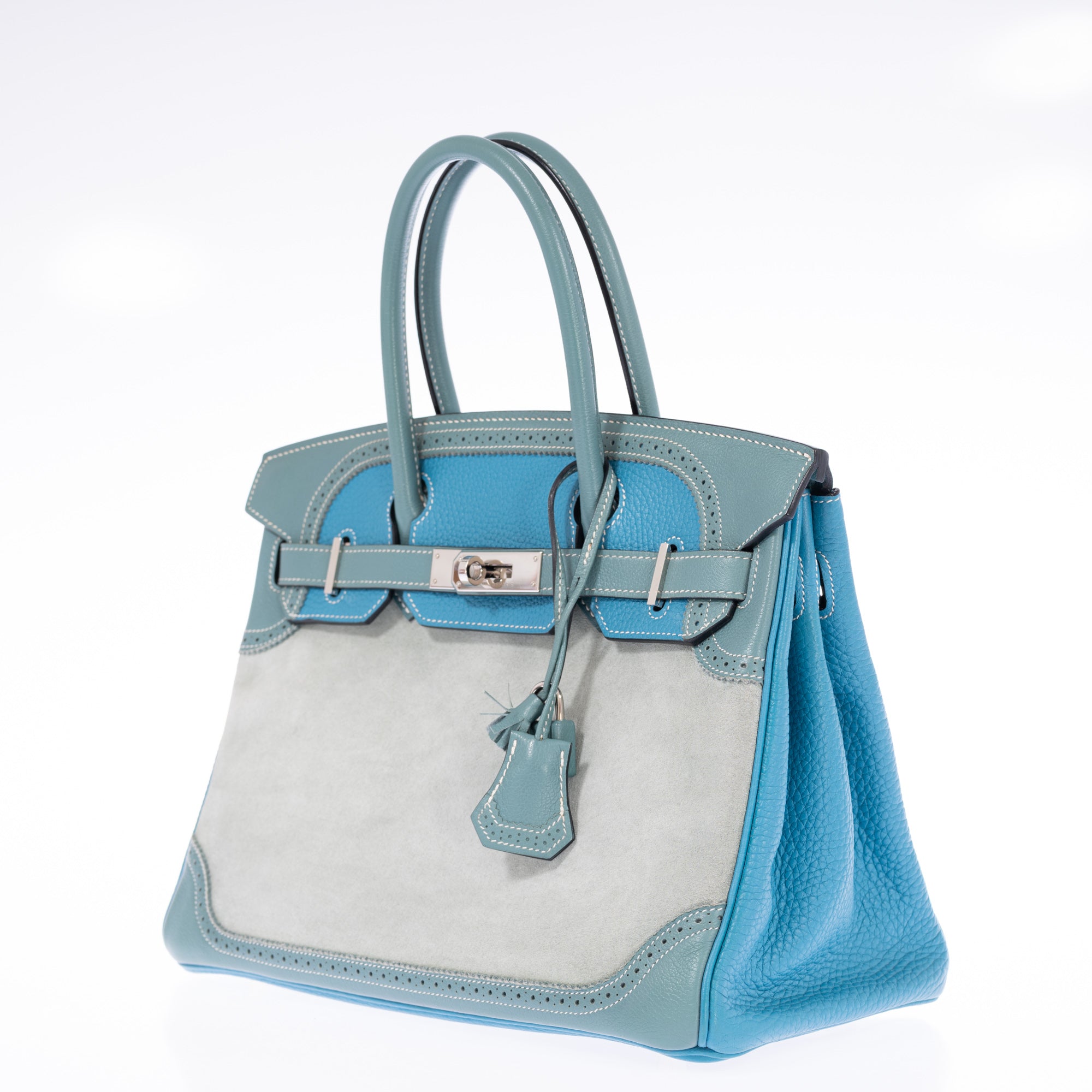 Hermès Birkin 30 Grizzly Ghillies Gris Perle Doblis, Ciel Evercolor & Turquoise Clémence Palladium Hardware
