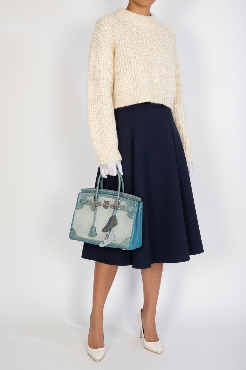 Hermès Birkin 30 Grizzly Ghillies Gris Perle Doblis, Ciel Evercolor & Turquoise Clémence Palladium Hardware