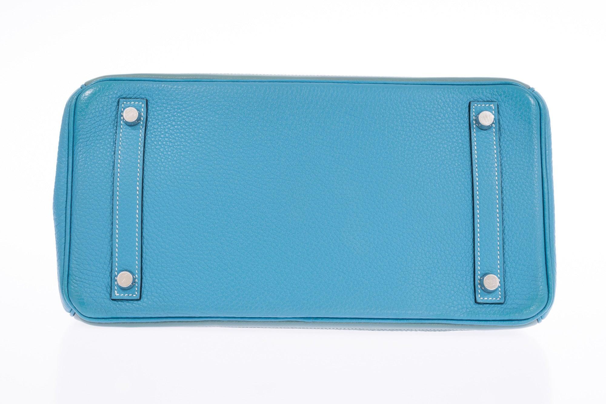Hermès Birkin 30 Grizzly Ghillies Gris Perle Doblis, Ciel Evercolor & Turquoise Clémence Palladium Hardware