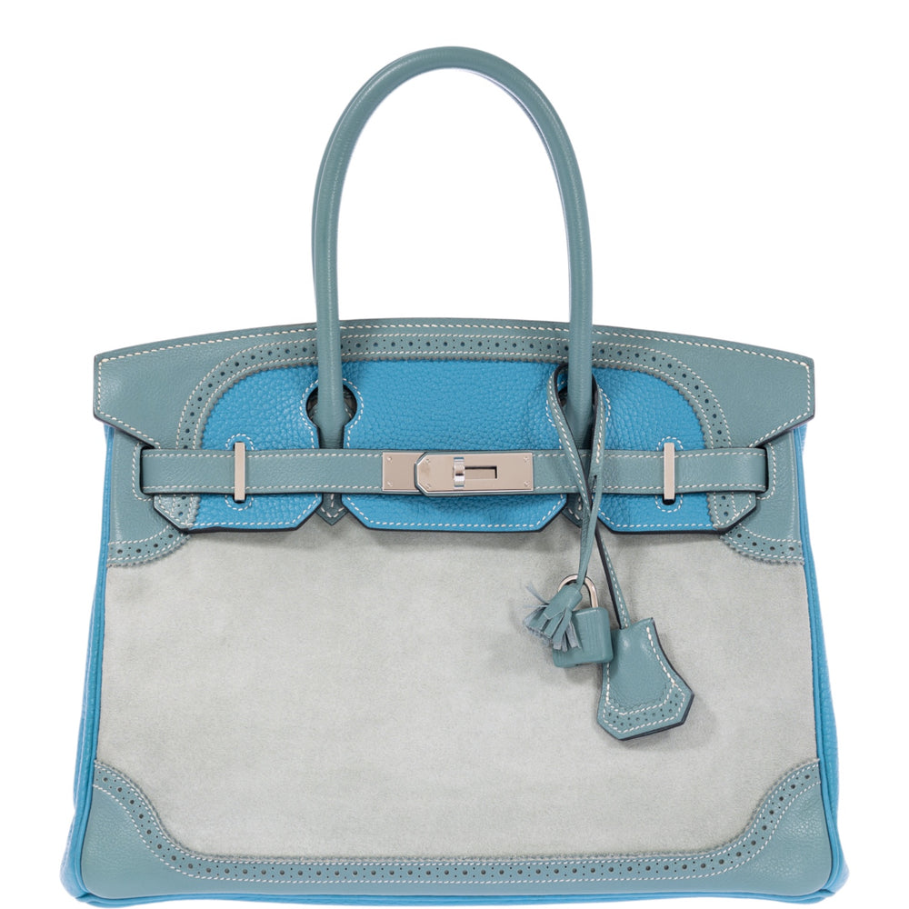 Hermès Birkin 30 Grizzly Ghillies Gris Perle Doblis, Ciel Evercolor & Turquoise Clémence Palladium Hardware