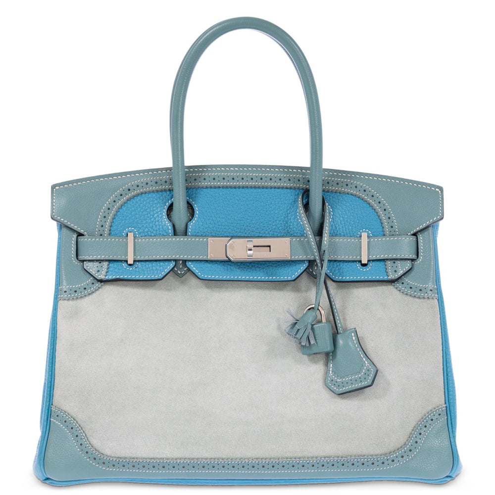Hermès Birkin 30 Grizzly Ghillies Gris Perle Doblis, Ciel Evercolor & Turquoise Clémence Palladium Hardware, front view