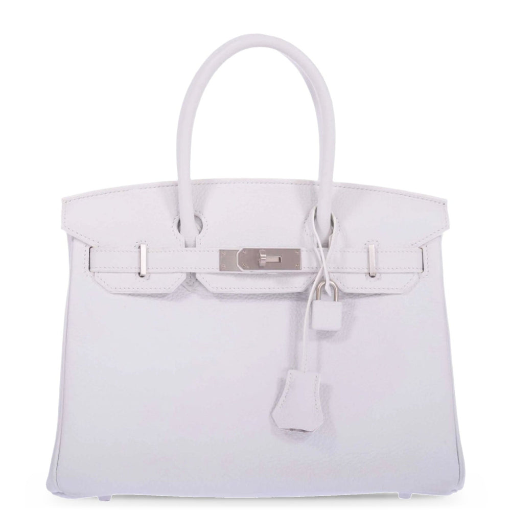 Hermès Birkin 30 HSS Blanc Clémence Brushed Palladium Hardware, front view, closed, with lock and clochette