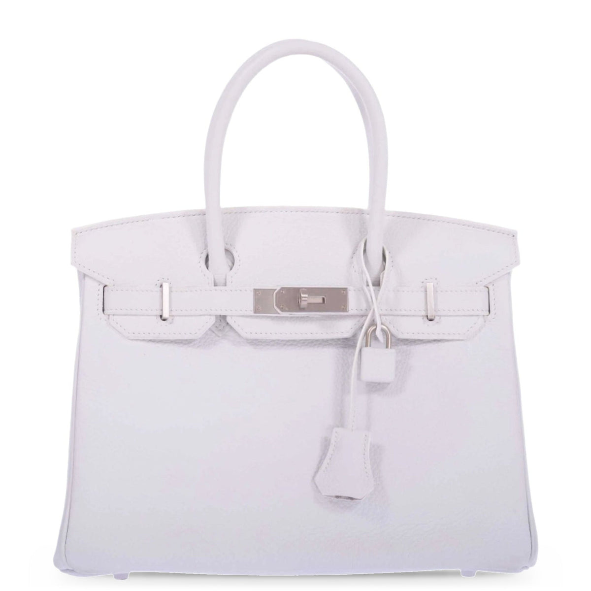 Hermès Birkin 30 HSS Blanc Clémence Brushed Palladium Hardware, front view, closed, with lock and clochette