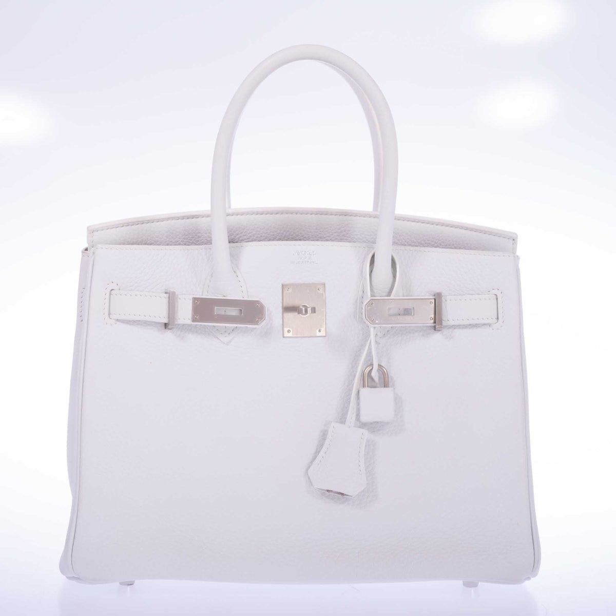 Hermès Birkin 30 HSS Blanc Clémence Brushed Palladium Hardware, front view with the flap open, lock and clochette