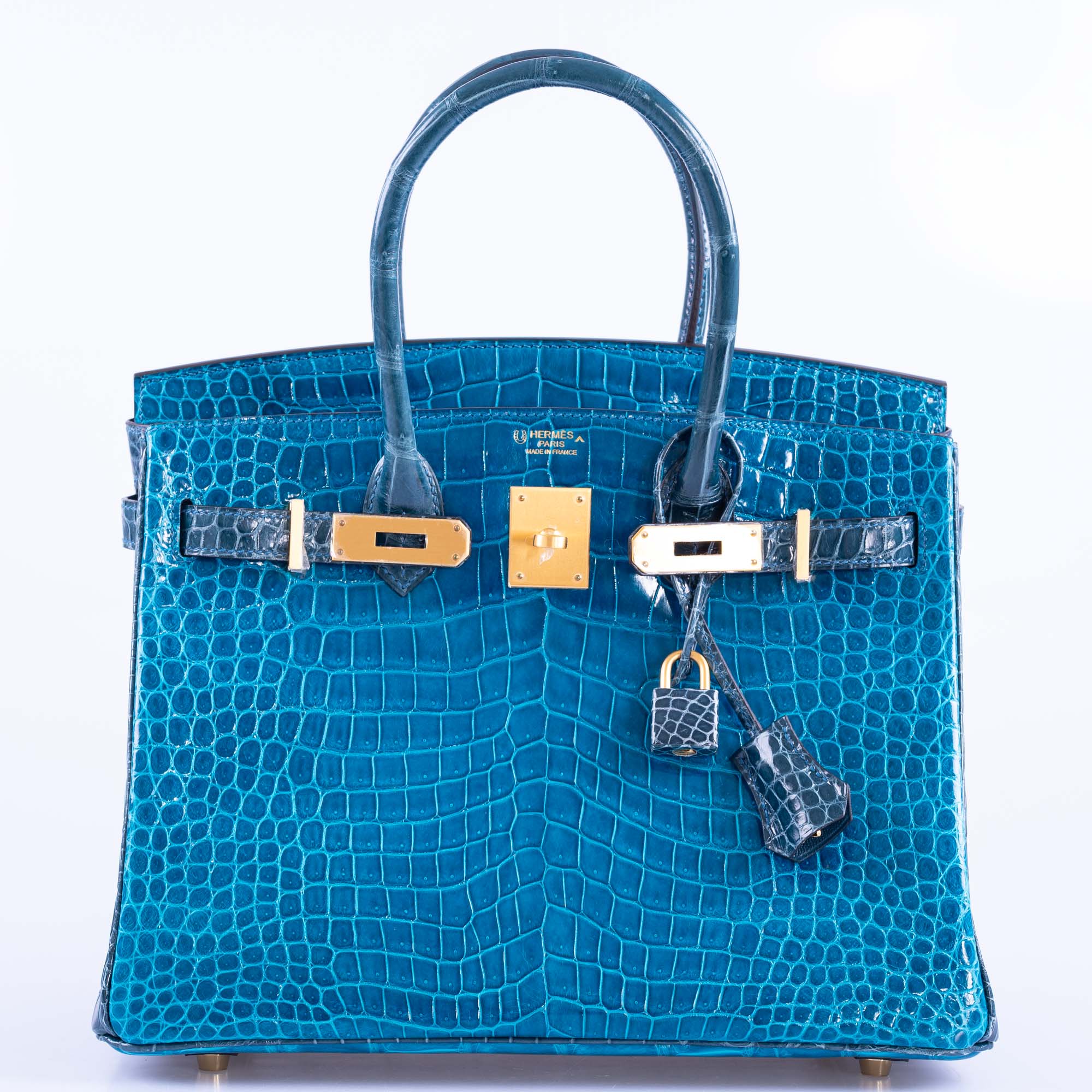 Hermès Birkin 30 HSS Blue Izmir and Blue Colvert Porosus Crocodile Brushed Gold Hardware