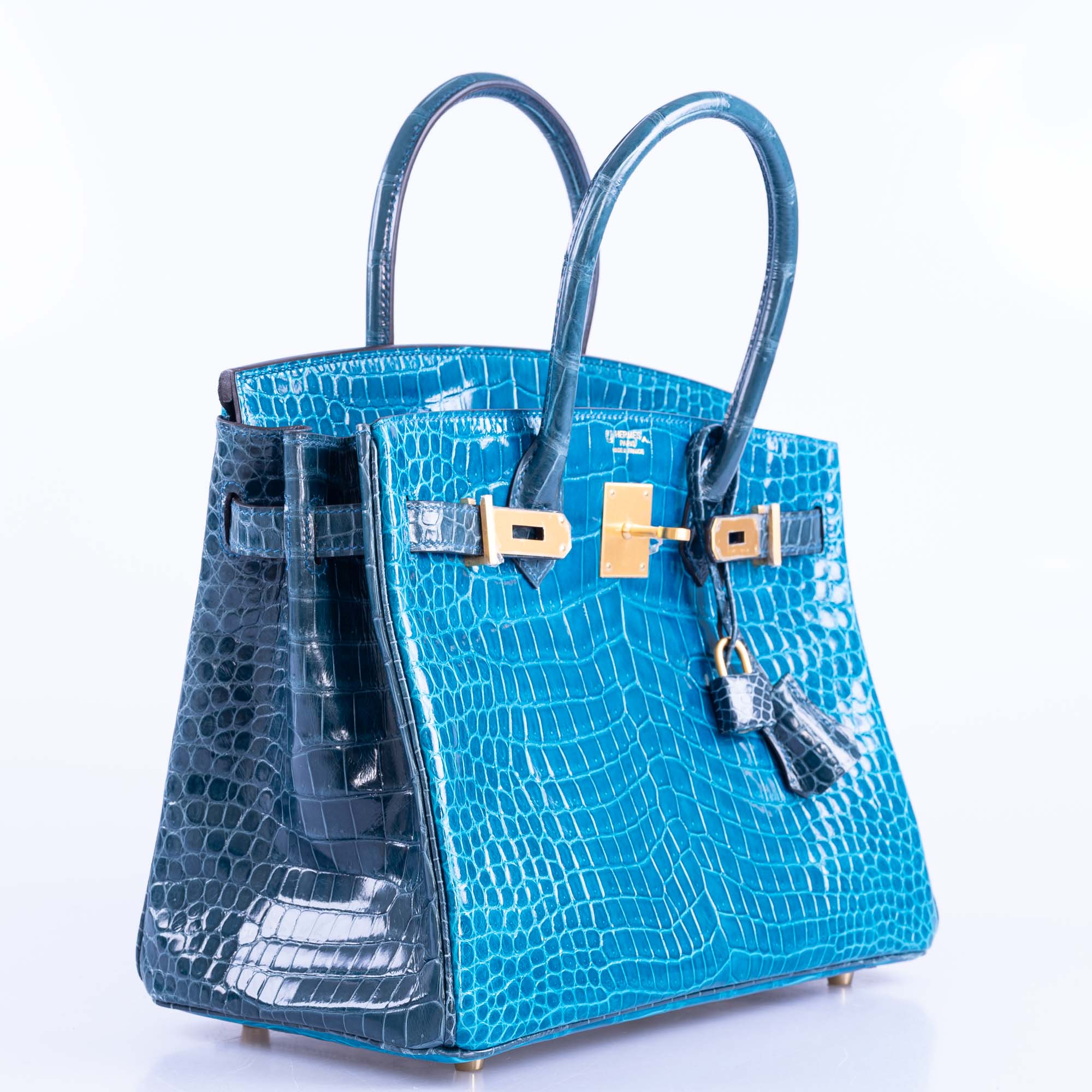 Hermès Birkin 30 HSS Blue Izmir and Blue Colvert Porosus Crocodile Brushed Gold Hardware