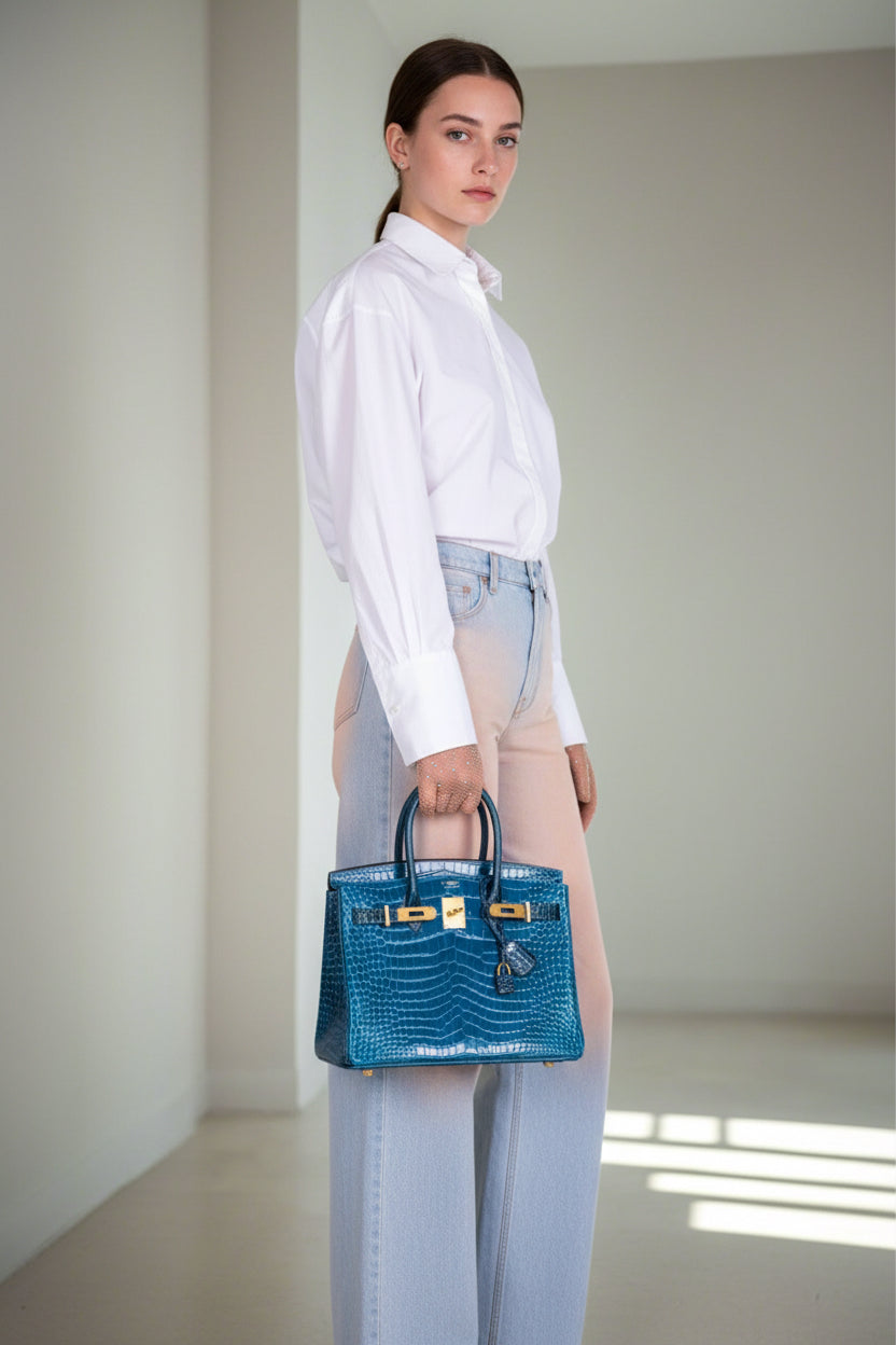Hermès Birkin 30 HSS Blue Izmir and Blue Colvert Porosus Crocodile Brushed Gold Hardware