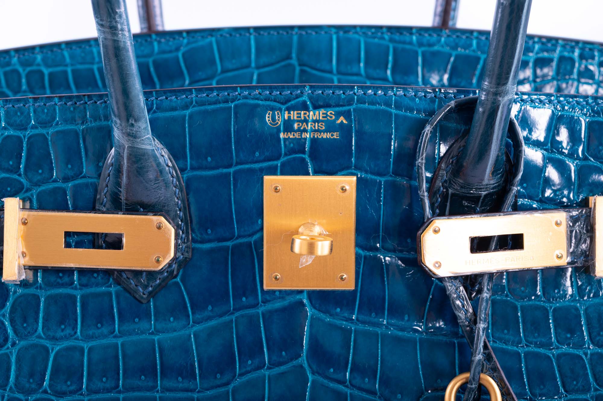Hermès Birkin 30 HSS Blue Izmir and Blue Colvert Porosus Crocodile Brushed Gold Hardware