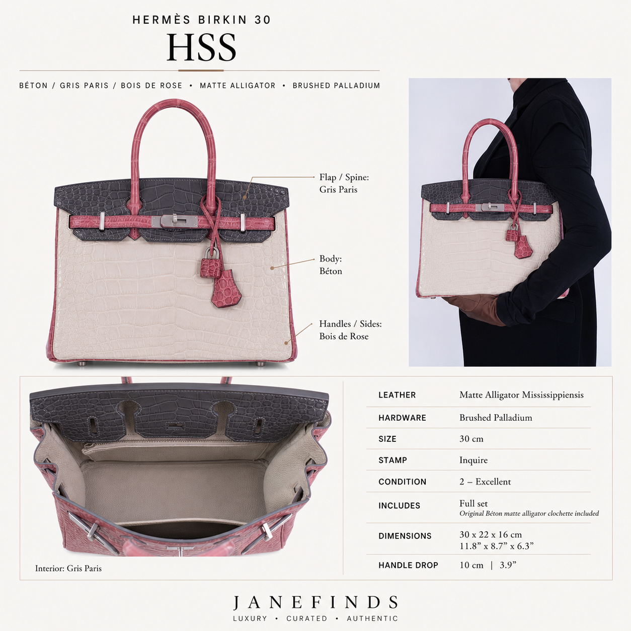 Hermès Birkin 30 HSS Tri-Color Béton, Gris Paris, and Bois de Rose Matte Alligator Brushed Palladium Hardware