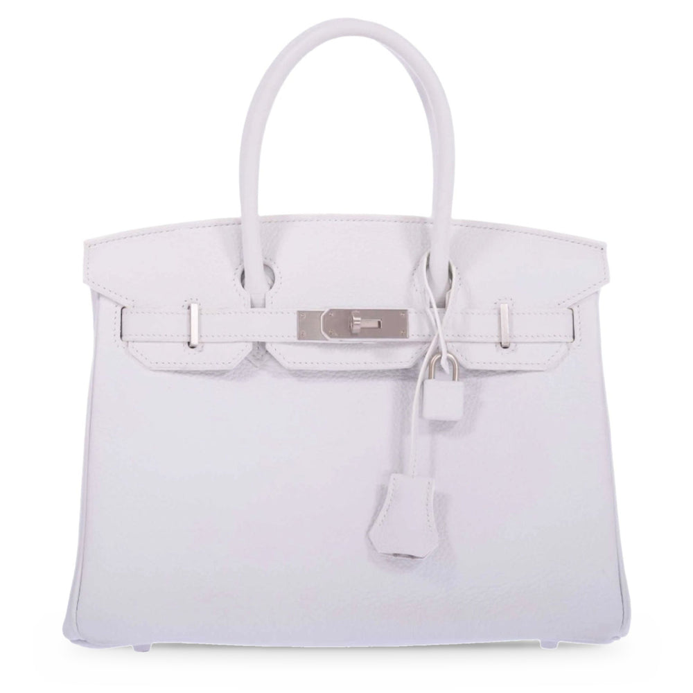 Hermès Birkin 30 HSS White Clemence Brushed Palladium Hardware, front view, closed, with lock and clochette