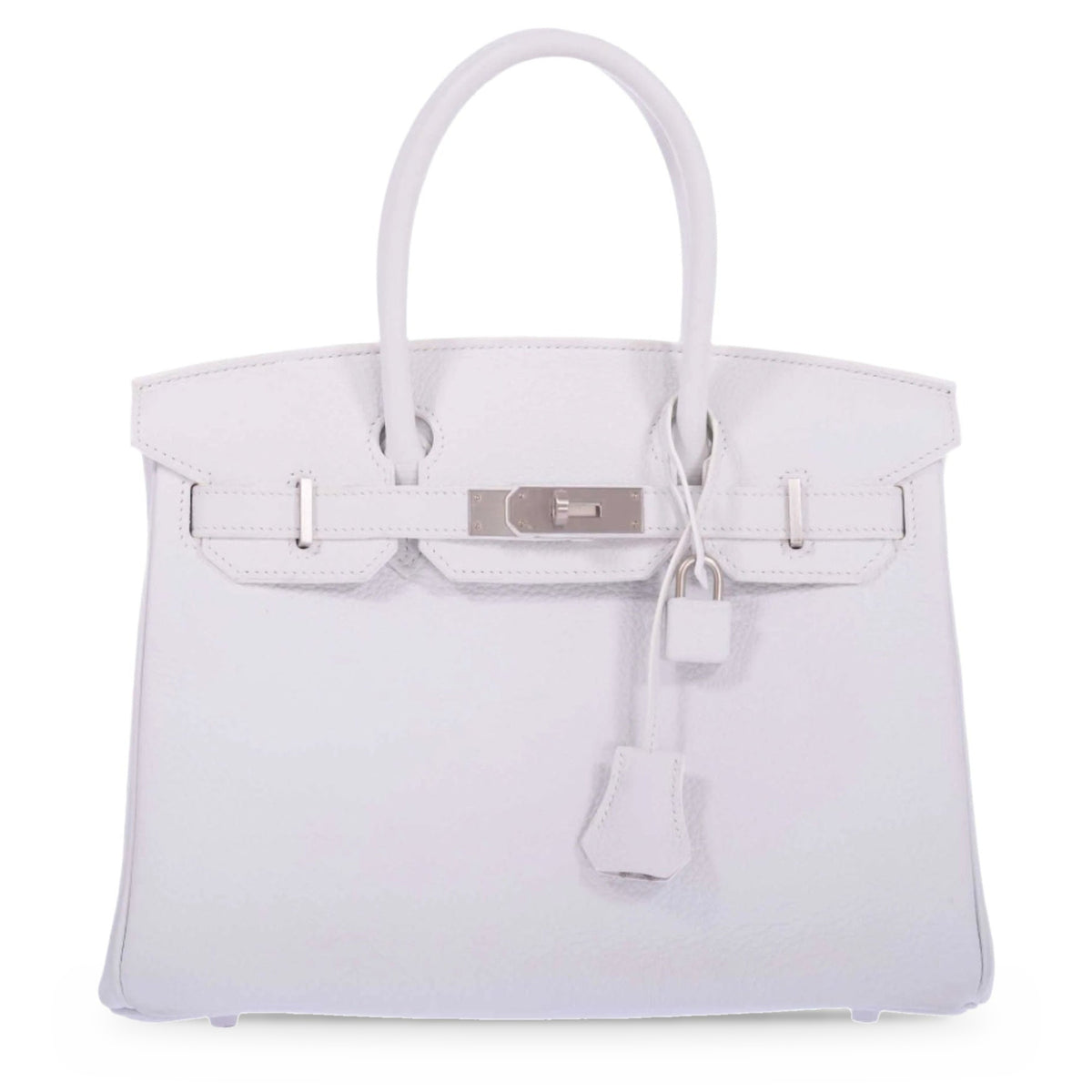 Hermès Birkin 30 HSS White Clemence Brushed Palladium Hardware, front view, closed, with lock and clochette