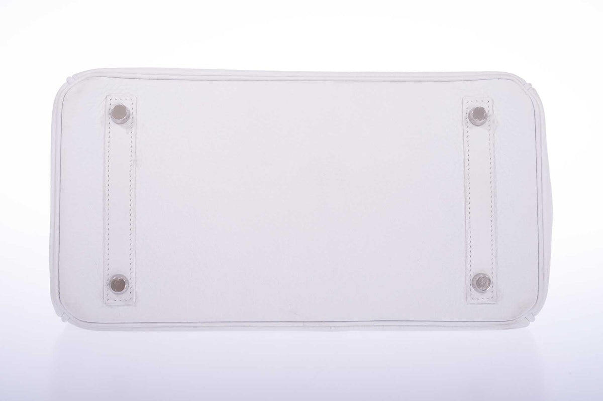 Hermès Birkin 30 HSS White Clemence Brushed Palladium Hardware, base with four feet
