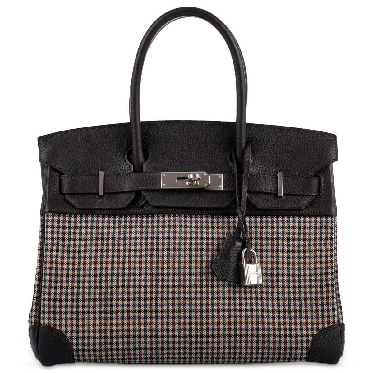 Hermès Birkin 30 Lainage Houndstooth Wool and Ébène Togo Palladium Hardware, front view
