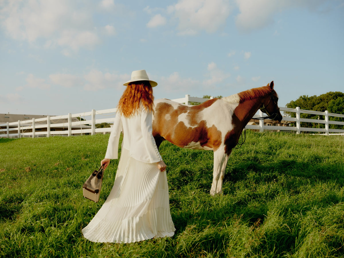 Hermès Birkin 30 Lainage Houndstooth Wool and Ébène Togo Palladium Hardware, carried by a walking model beside a horse