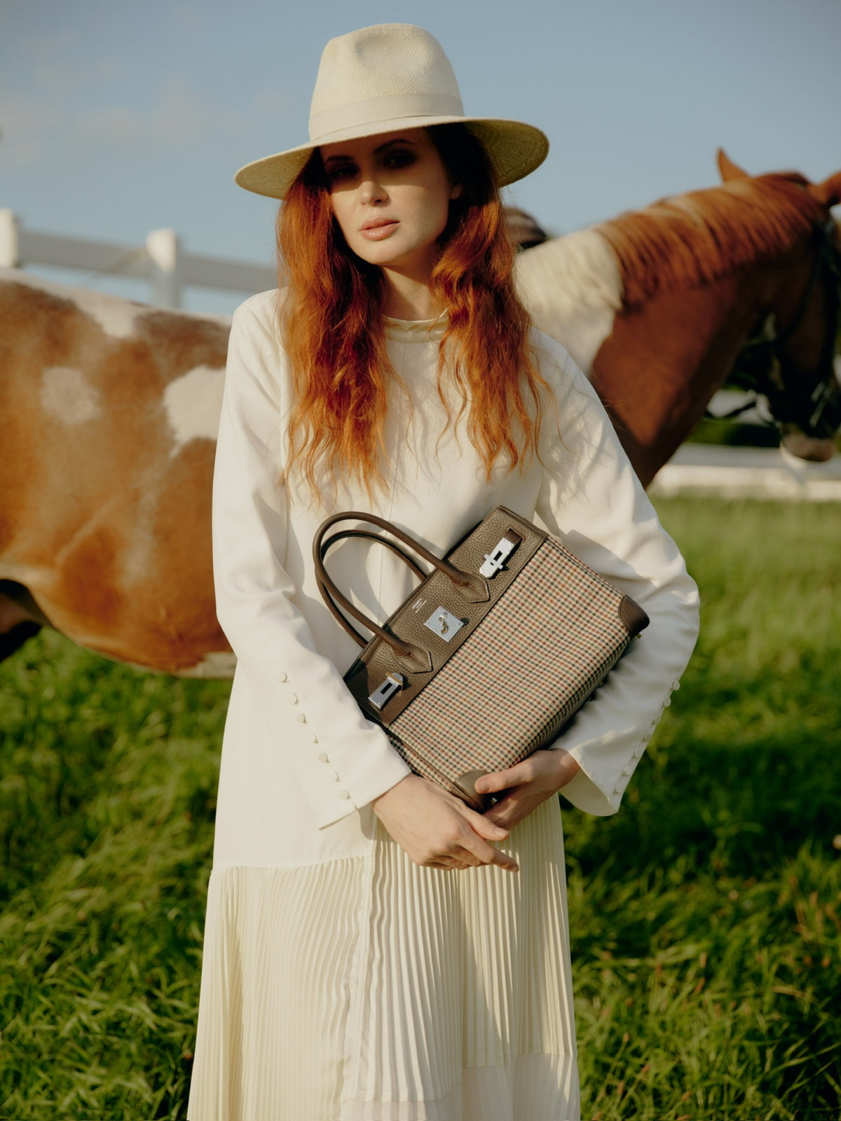 Hermès Birkin 30 Lainage Houndstooth Wool and Ébène Togo Palladium Hardware, held at the waist by a model in front of a horse