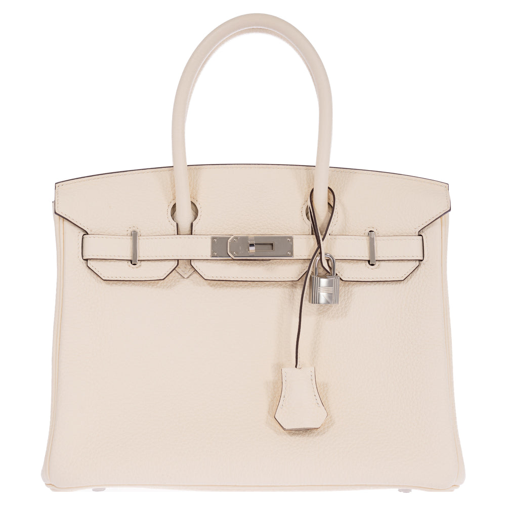 Hermès Birkin 30 Nata Togo Palladium Hardware, front view, flap closed with straps fastened at the turn-lock, padlock and clochette attached