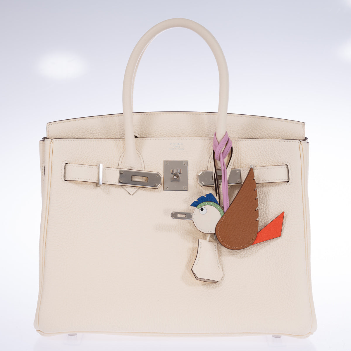 Hermès Birkin 30 Nata Togo Palladium Hardware, front view with the flap open and straps unfastened, styled with a bird charm, sold separately