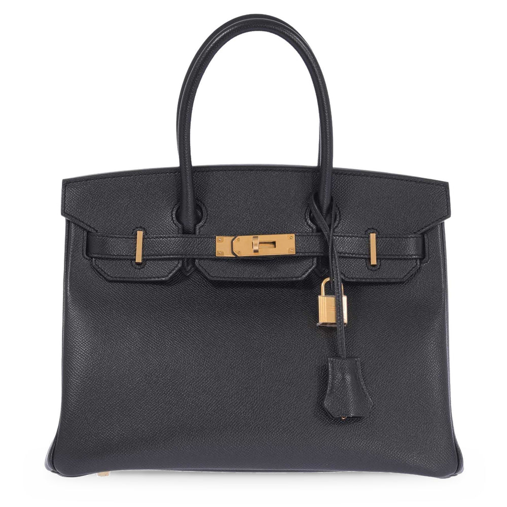 Hermès Birkin 30 Noir Epsom Gold Hardware, front view with lock and clochette