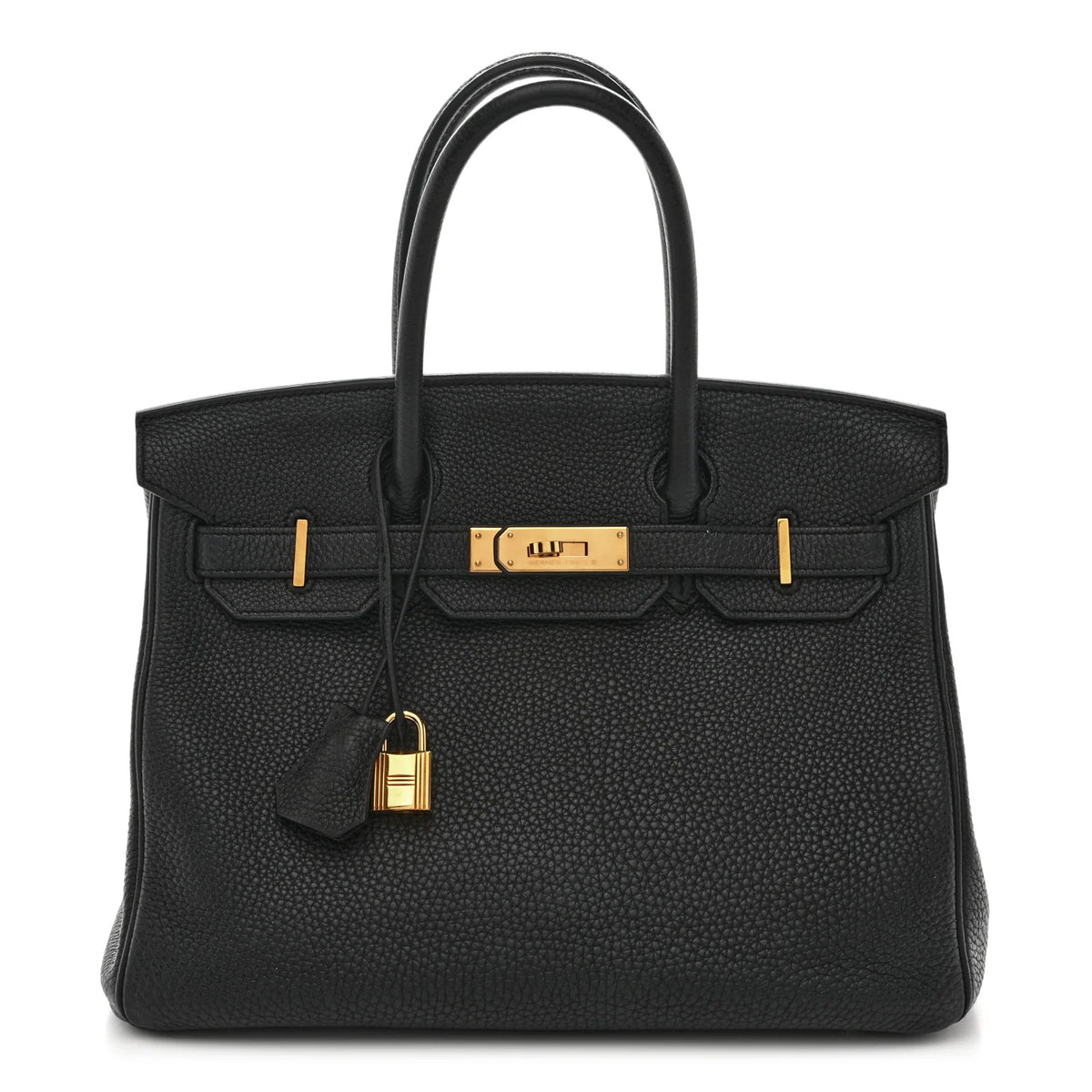 Hermès Birkin 30 Noir Togo Gold Hardware, front view, closed with lock and clochette