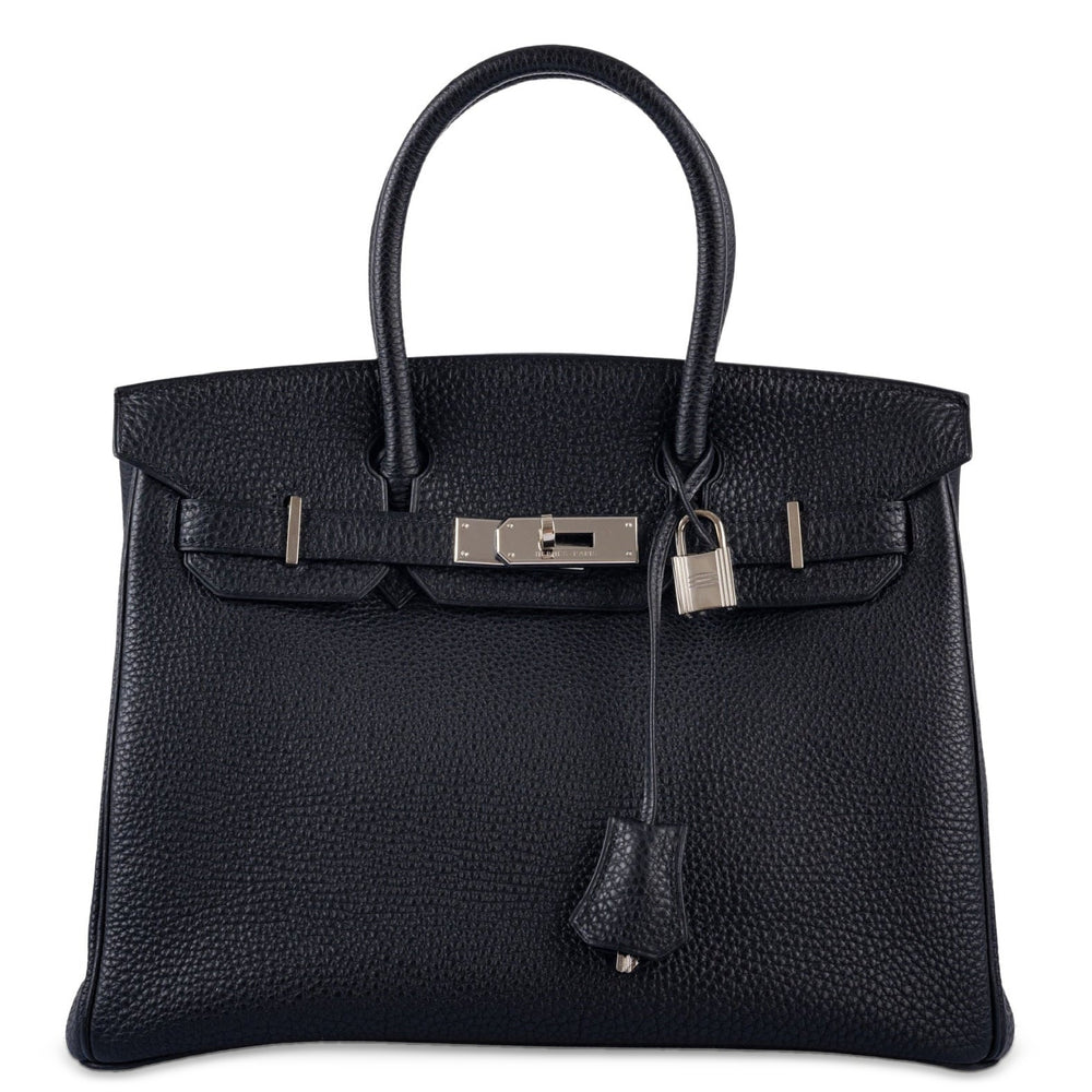 Hermès Birkin 30 Noir Togo Palladium Hardware, front view, closed with lock and clochette
