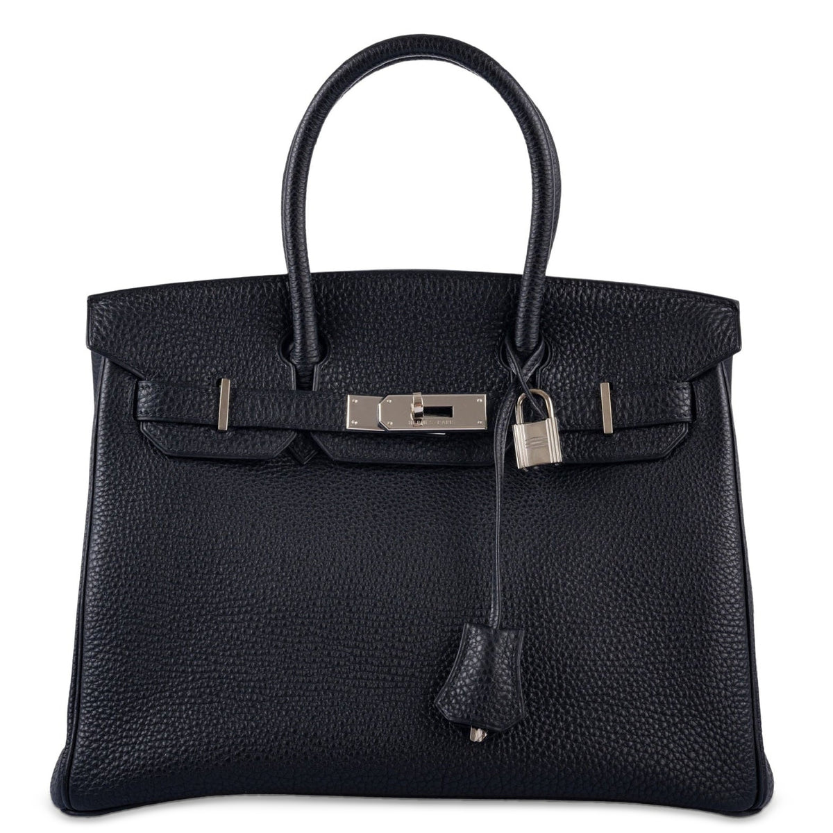 Hermès Birkin 30 Noir Togo Palladium Hardware, front view, closed with lock and clochette