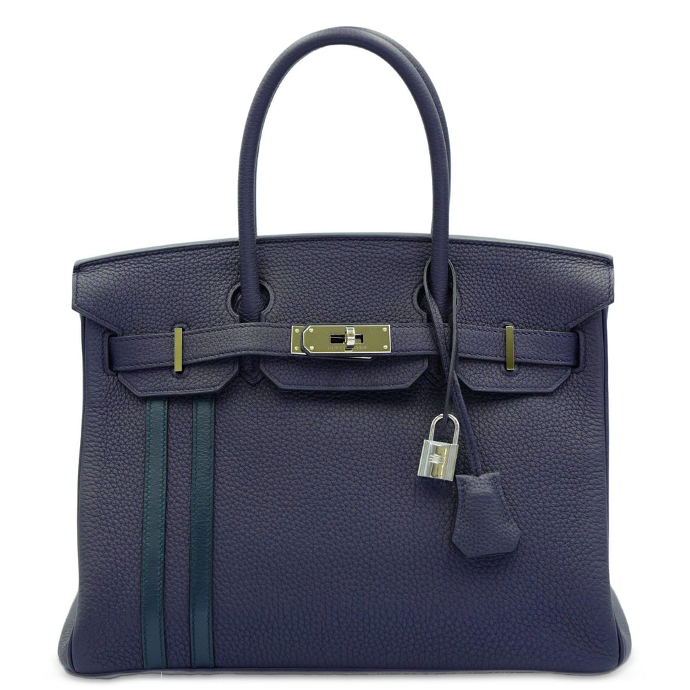 Hermès Birkin 30 Officier Bleu Nuit Vert Cyprès Togo Swift Palladium Hardware, front view