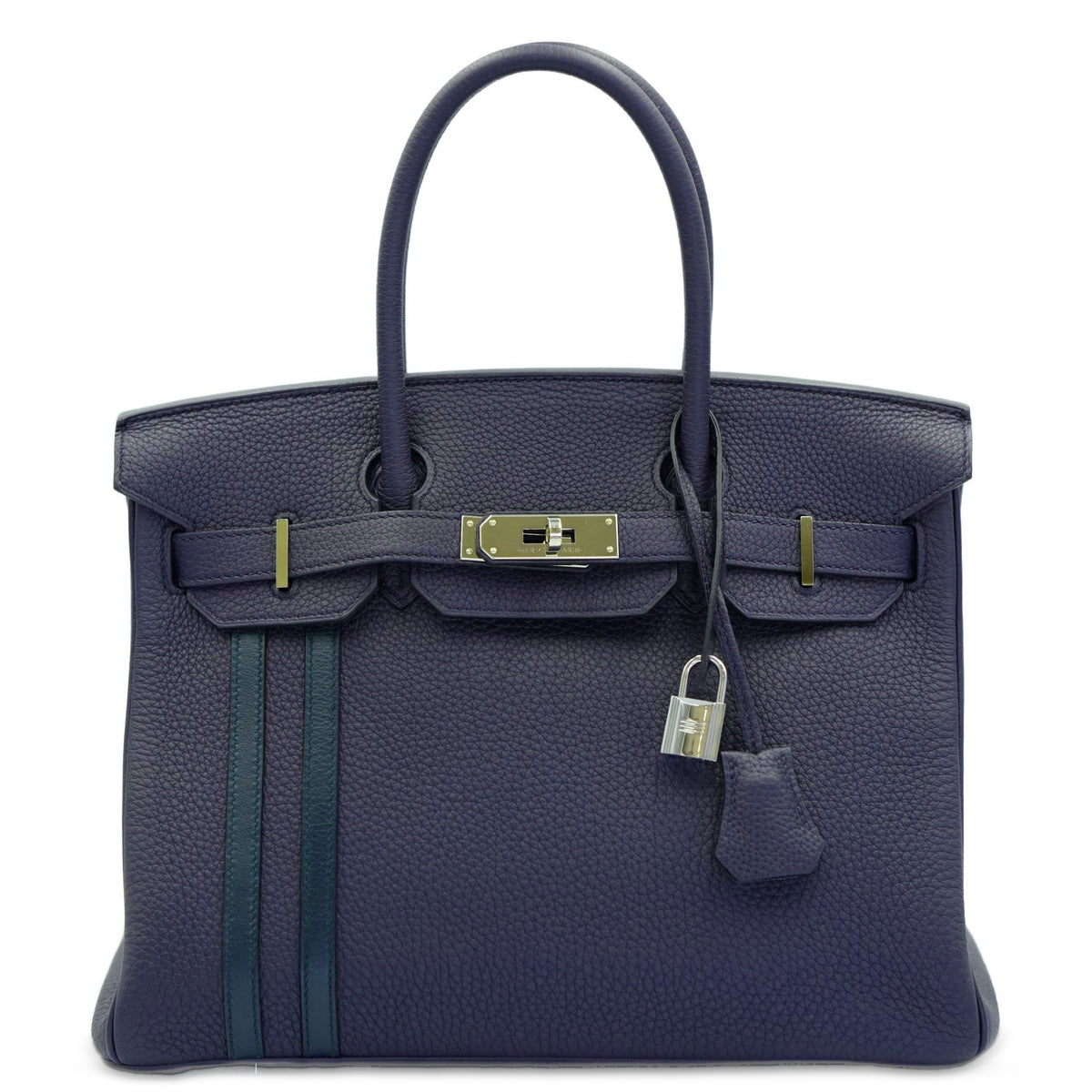 Hermès Birkin 30 Officier Bleu Nuit Vert Cyprès Togo Swift Palladium Hardware, front view