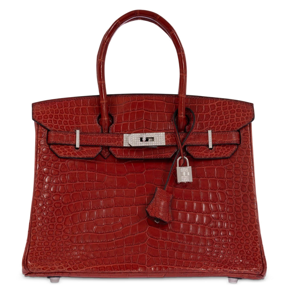 Hermès Birkin 30 Rouge H Matte Porosus Crocodile 18K White Gold and Diamond Hardware, front view