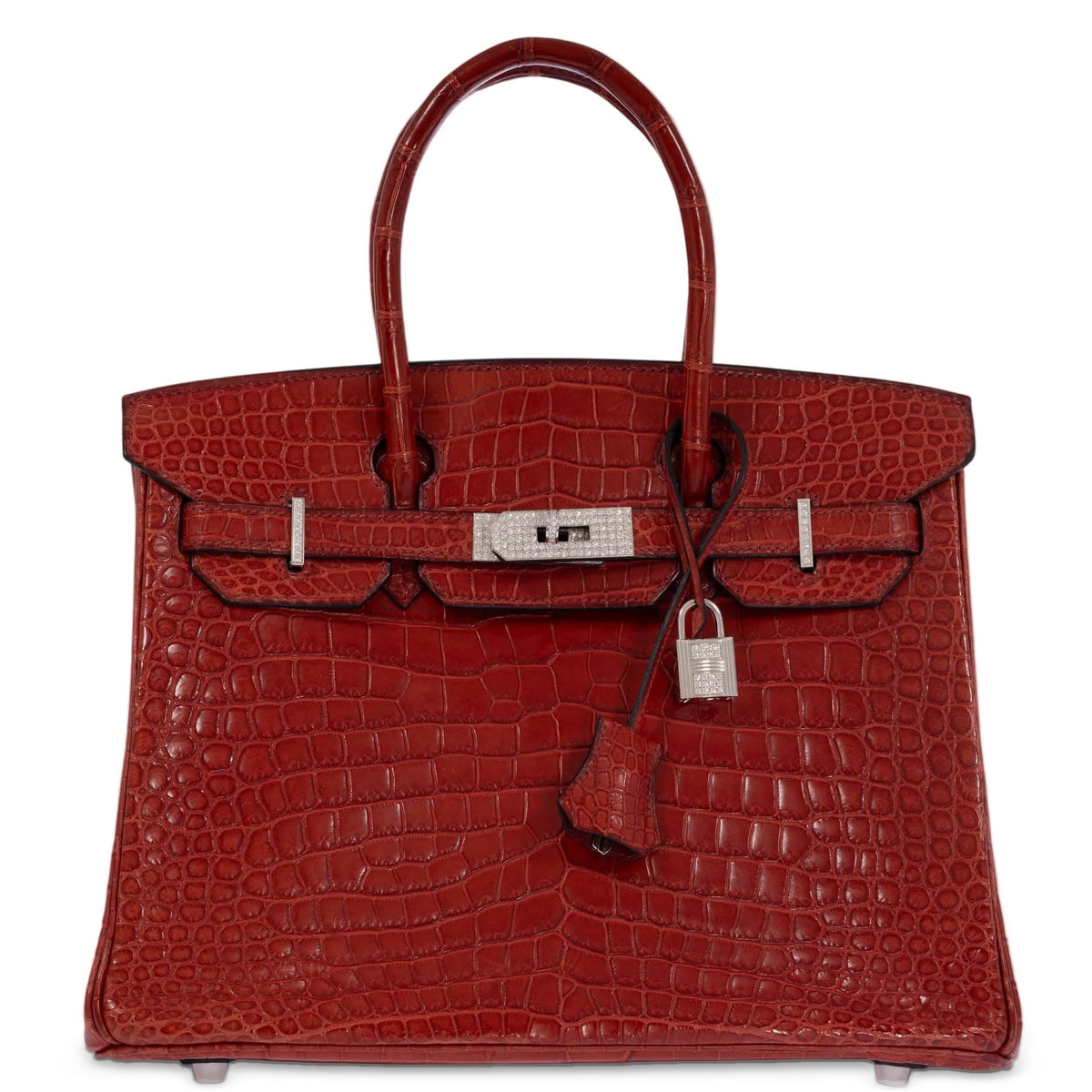 Hermès Birkin 30 Rouge H Matte Porosus Crocodile 18K White Gold and Diamond Hardware, front view