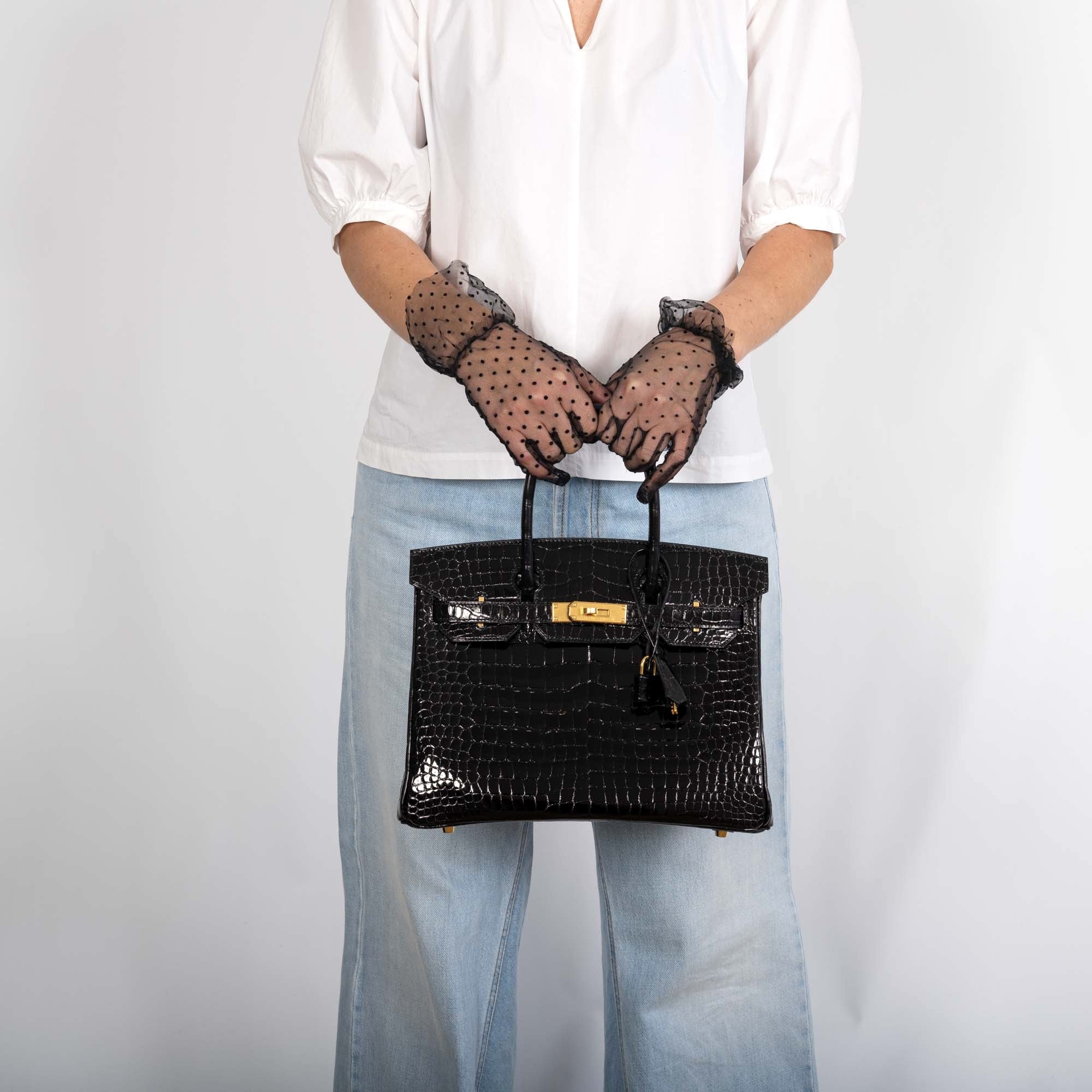 Hermès Birkin 30 Shiny Black Porosus Crocodile Gold Hardware