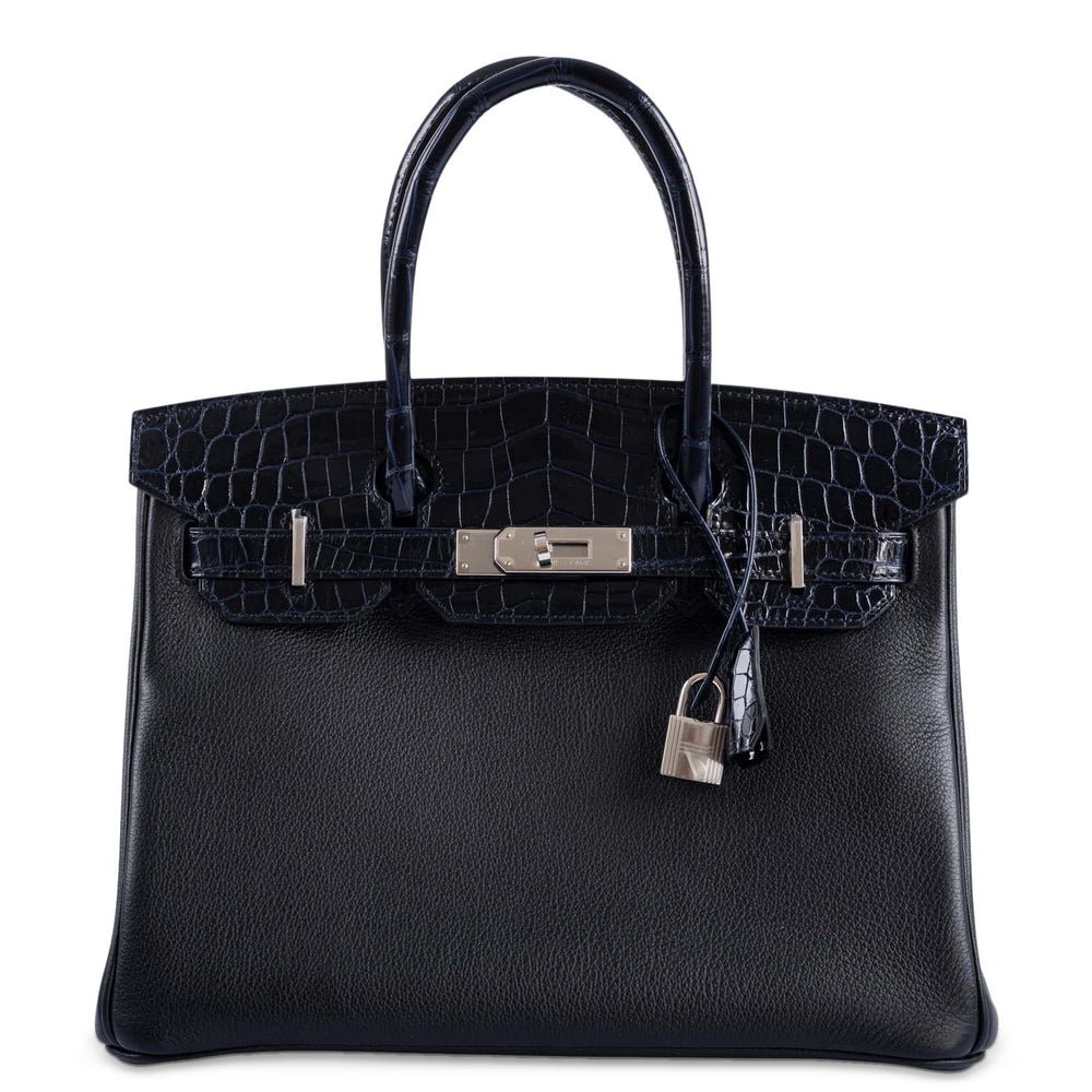 Hermès Birkin 30 Touch Shiny Bleu Marine Nilo Crocodile Black Novillo Palladium Hardware, front view