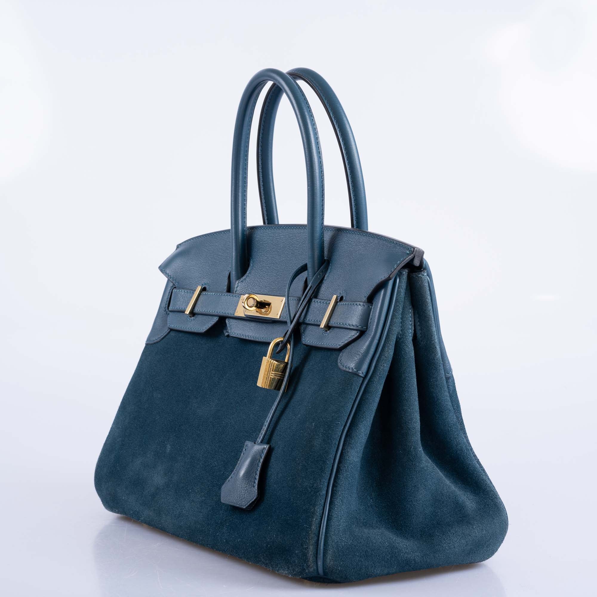 Hermès Birkin 30 Veau Doblis Swift Grizzly Bleu Tempete Permabrass Hardware