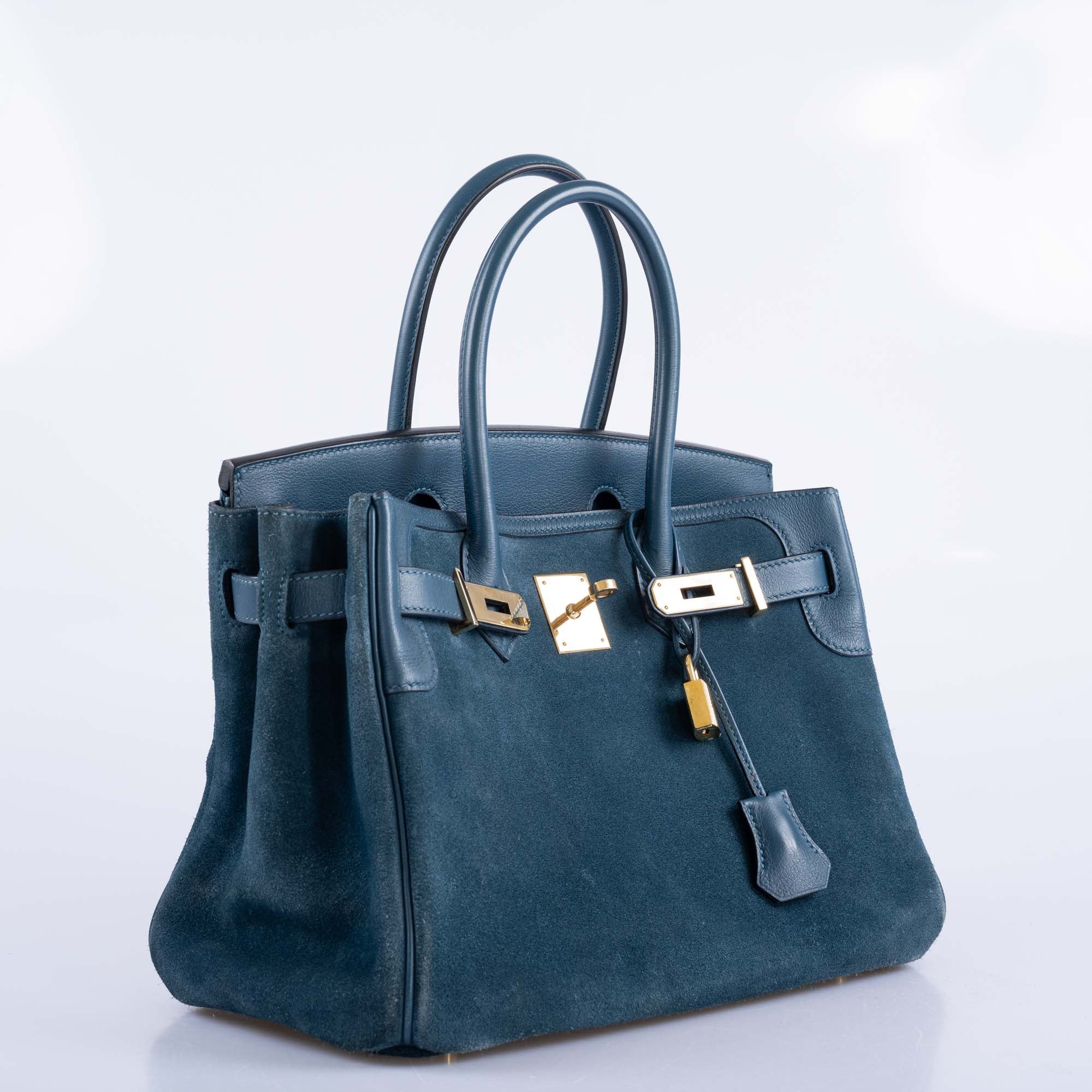 Hermès Birkin 30 Veau Doblis Swift Grizzly Bleu Tempete Permabrass Hardware