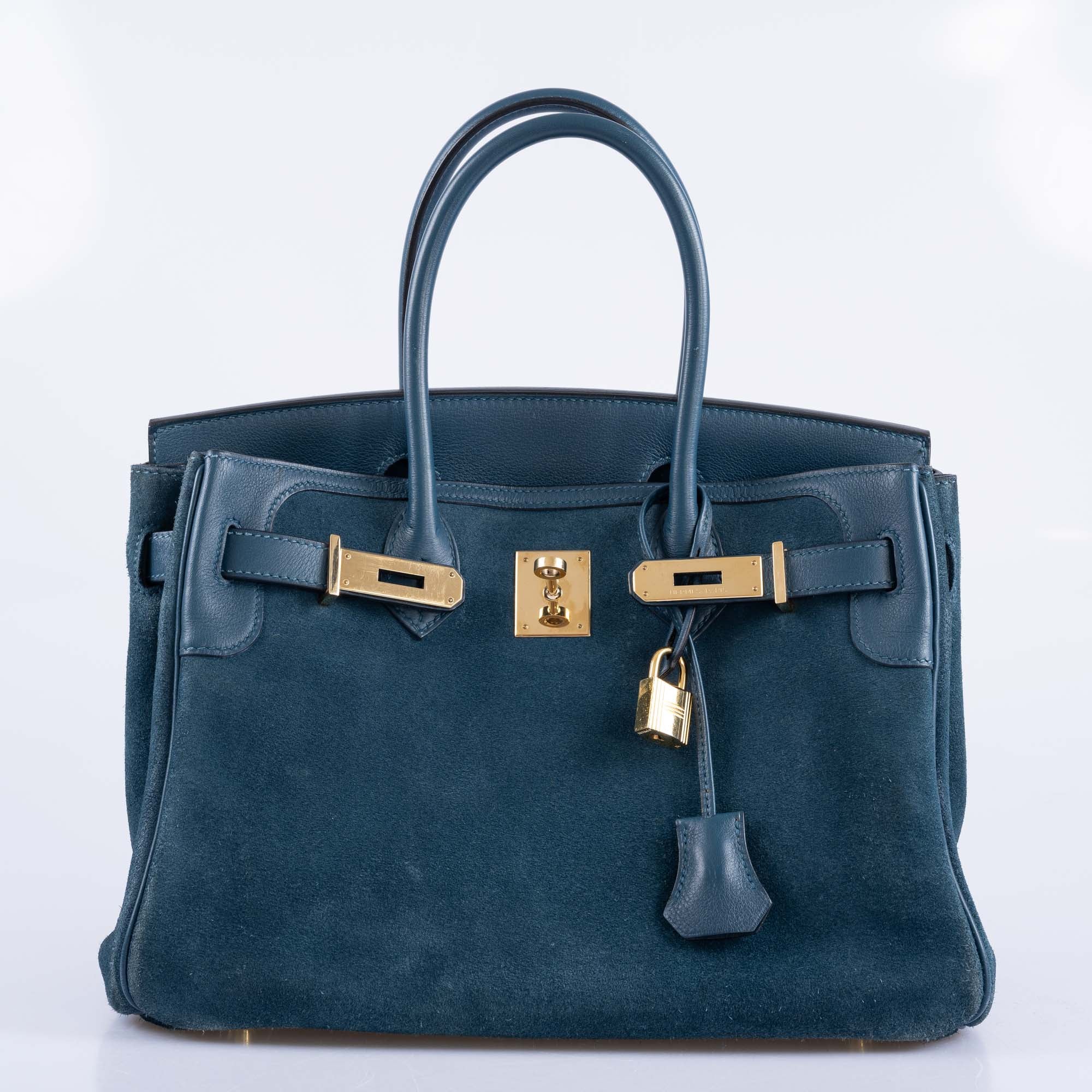 Hermès Birkin 30 Veau Doblis Swift Grizzly Bleu Tempete Permabrass Hardware