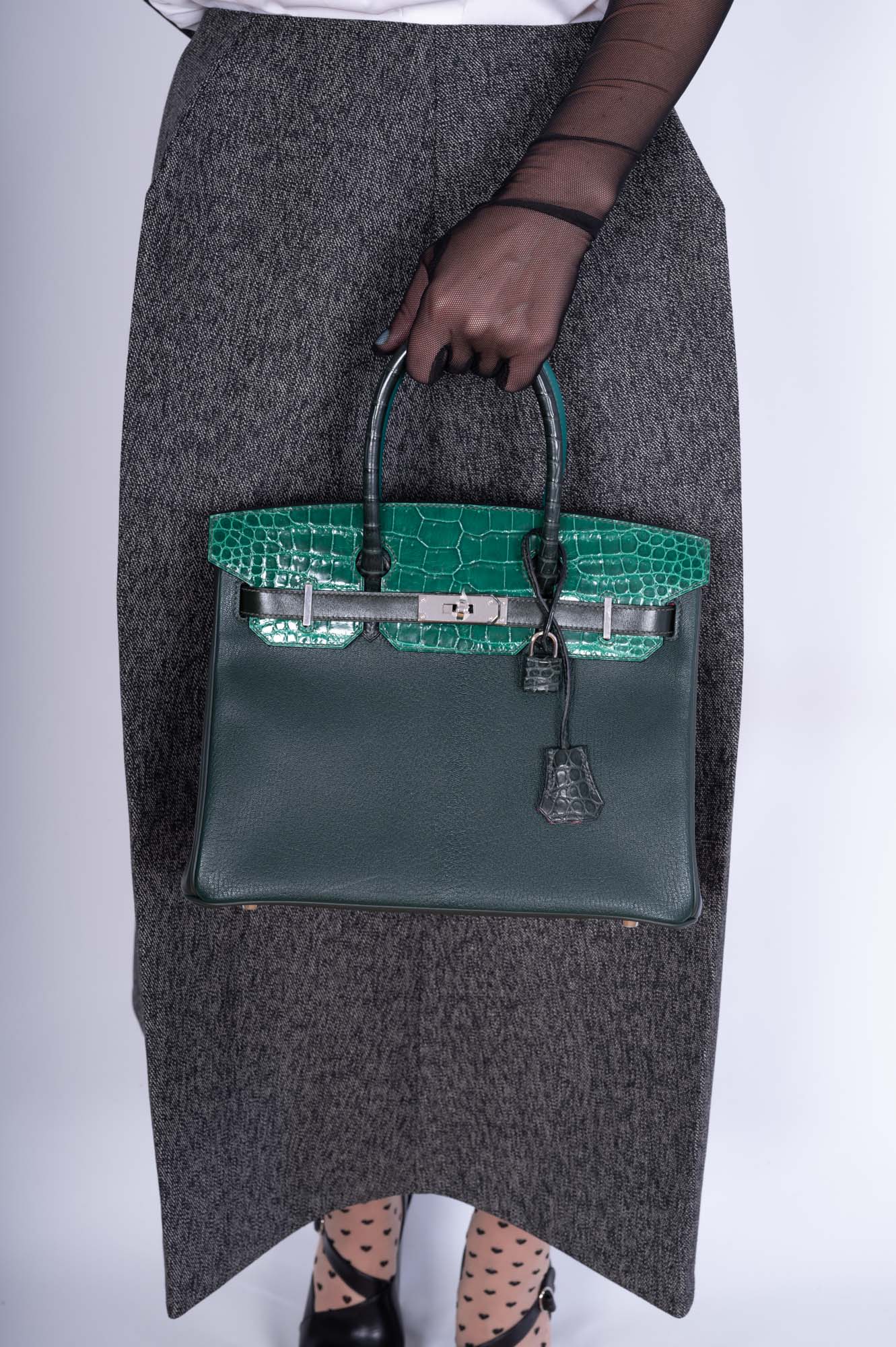 Hermès Birkin 30 Vert Emerald Porosus Crocodile, Vert Titien and Rose Azalée Patchwork Palladium Hardware