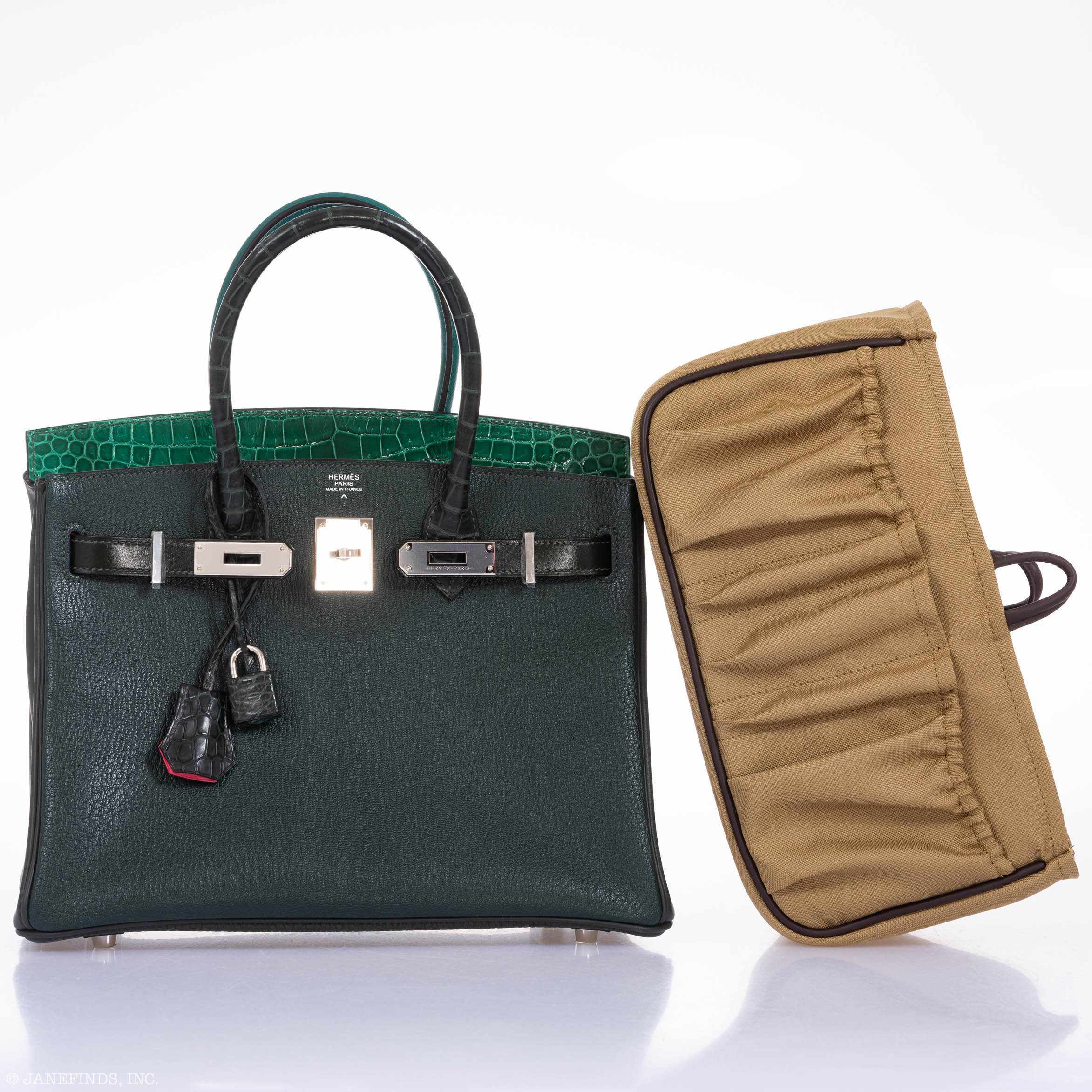 Hermès Birkin 30 Vert Emerald Porosus Crocodile, Vert Titien and Rose Azalée Patchwork Palladium Hardware