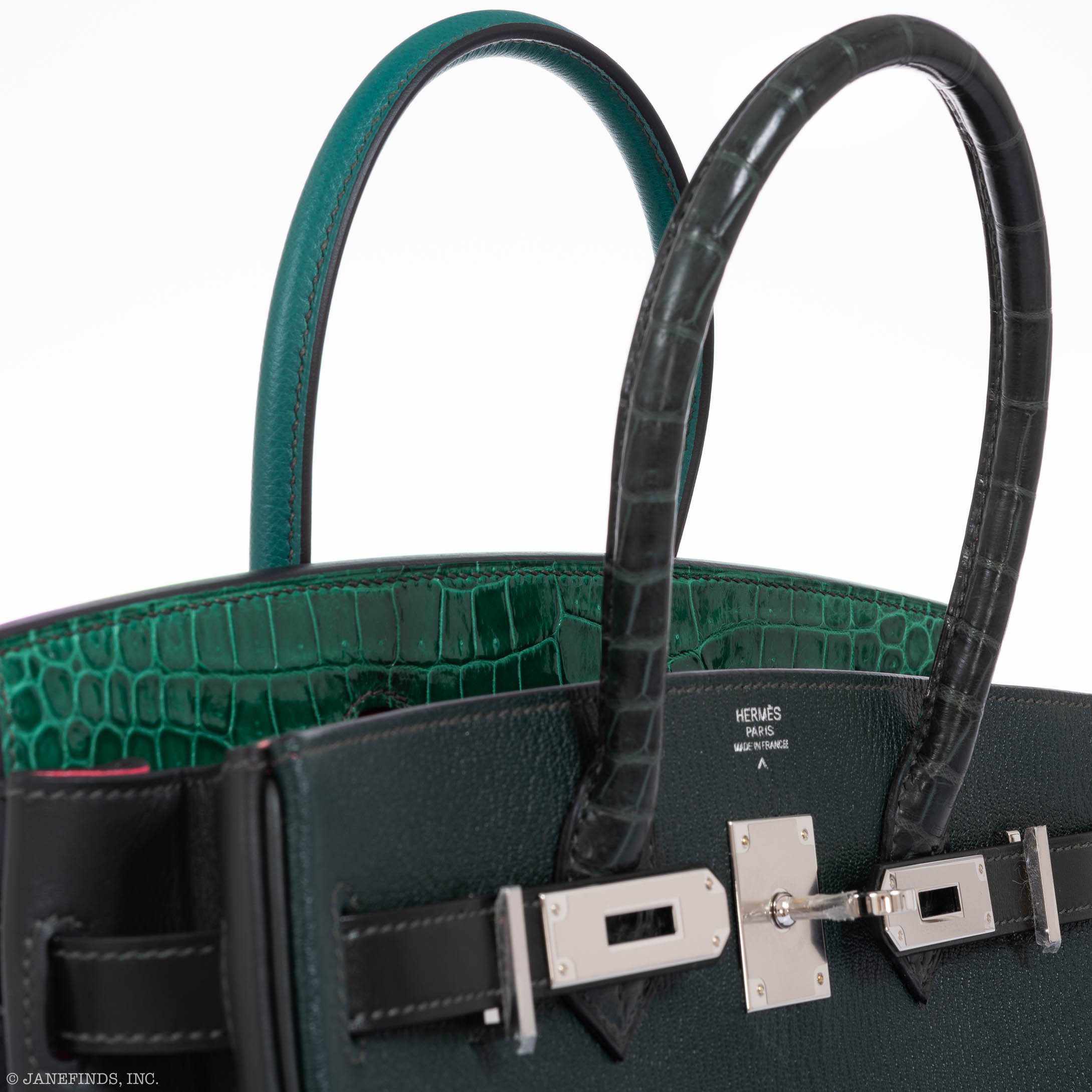 Hermès Birkin 30 Vert Emerald Porosus Crocodile, Vert Titien and Rose Azalée Patchwork Palladium Hardware