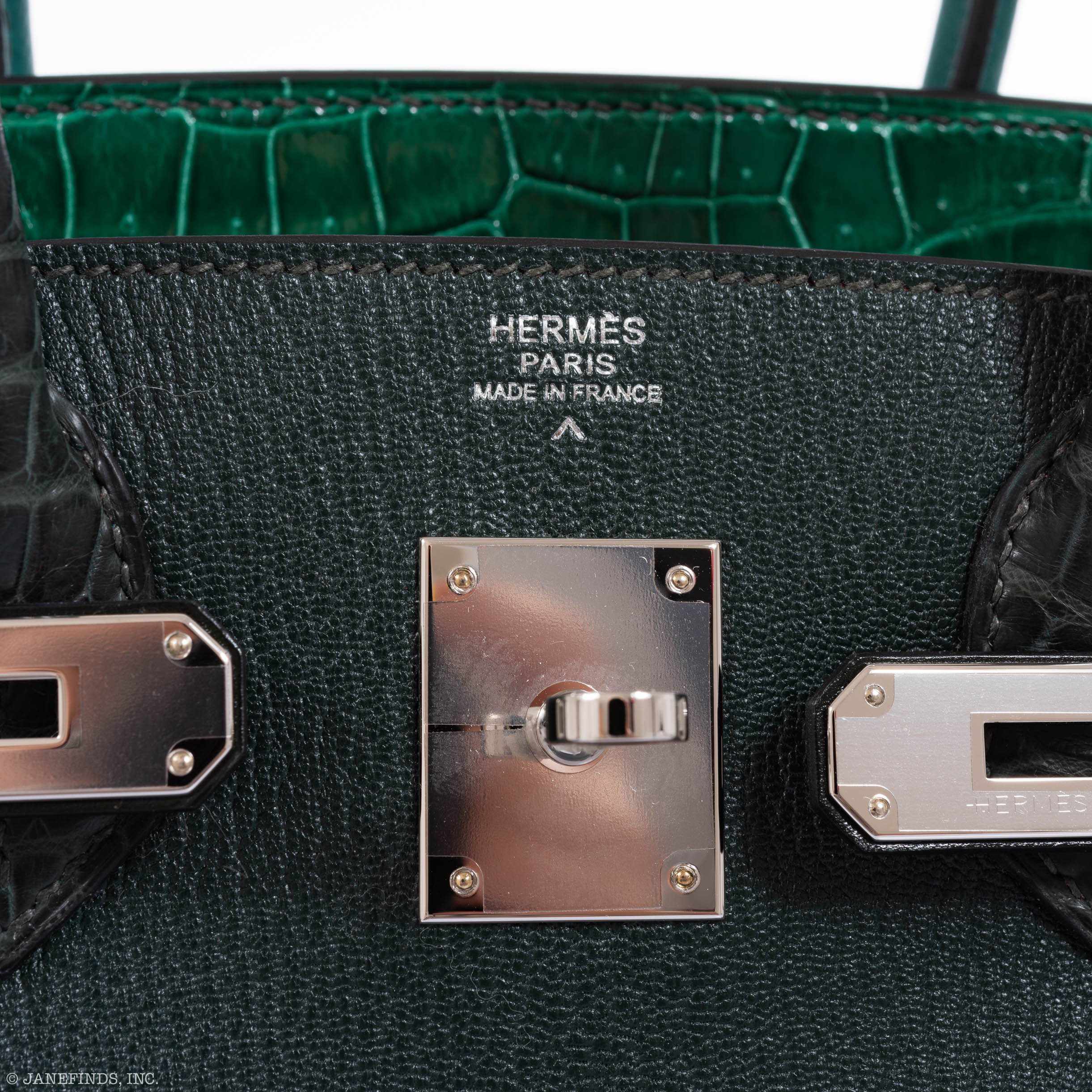 Hermès Birkin 30 Vert Emerald Porosus Crocodile, Vert Titien and Rose Azalée Patchwork Palladium Hardware