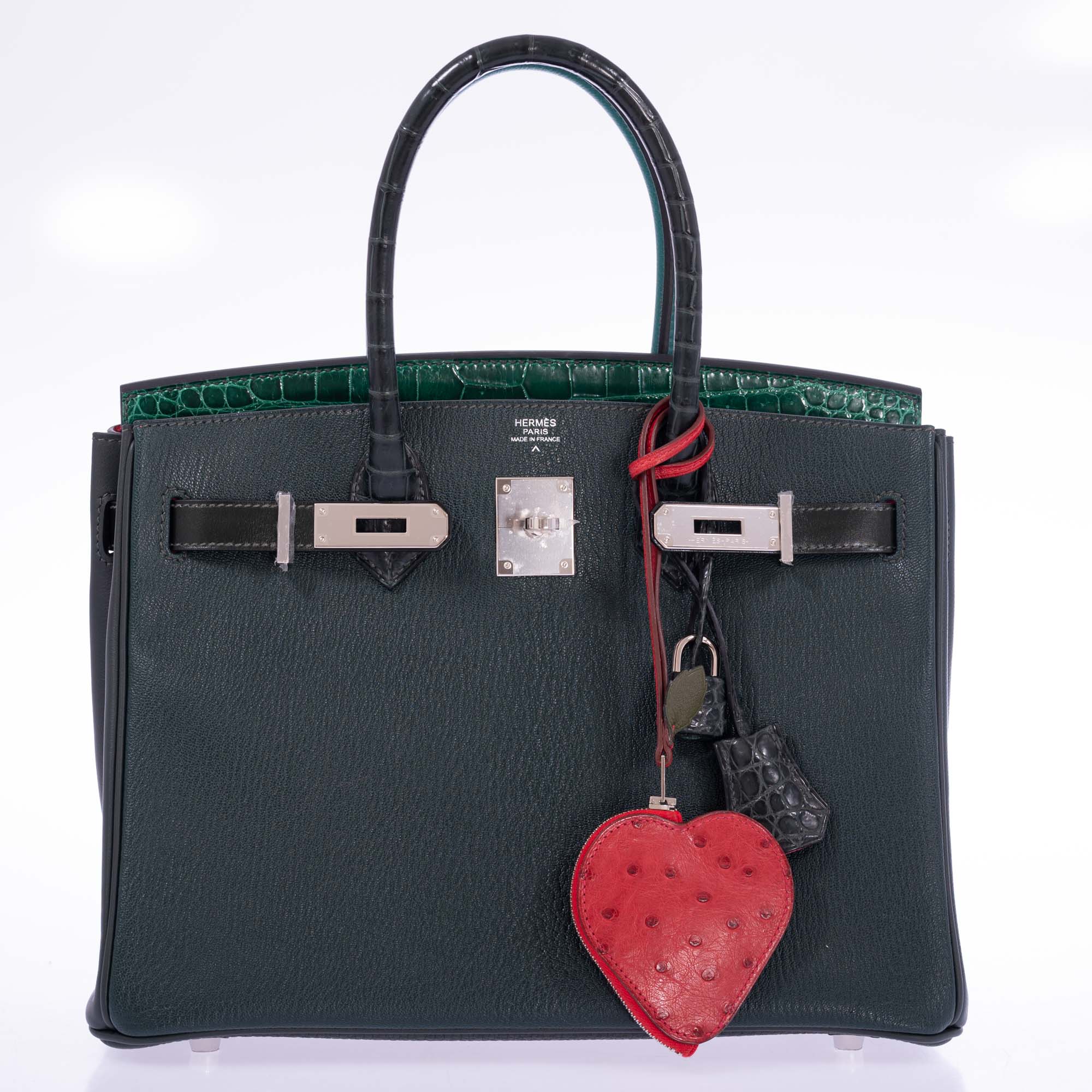 Hermès Birkin 30 Vert Emerald Porosus Crocodile, Vert Titien and Rose Azalée Patchwork Palladium Hardware