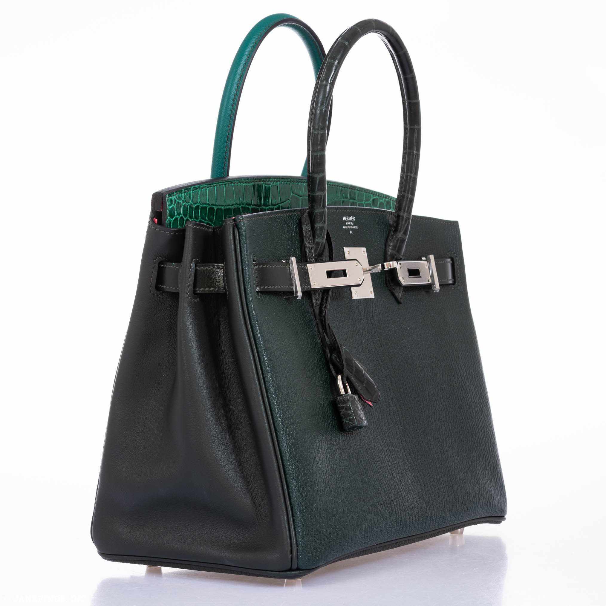 Hermès Birkin 30 Vert Emerald Porosus Crocodile, Vert Titien and Rose Azalée Patchwork Palladium Hardware