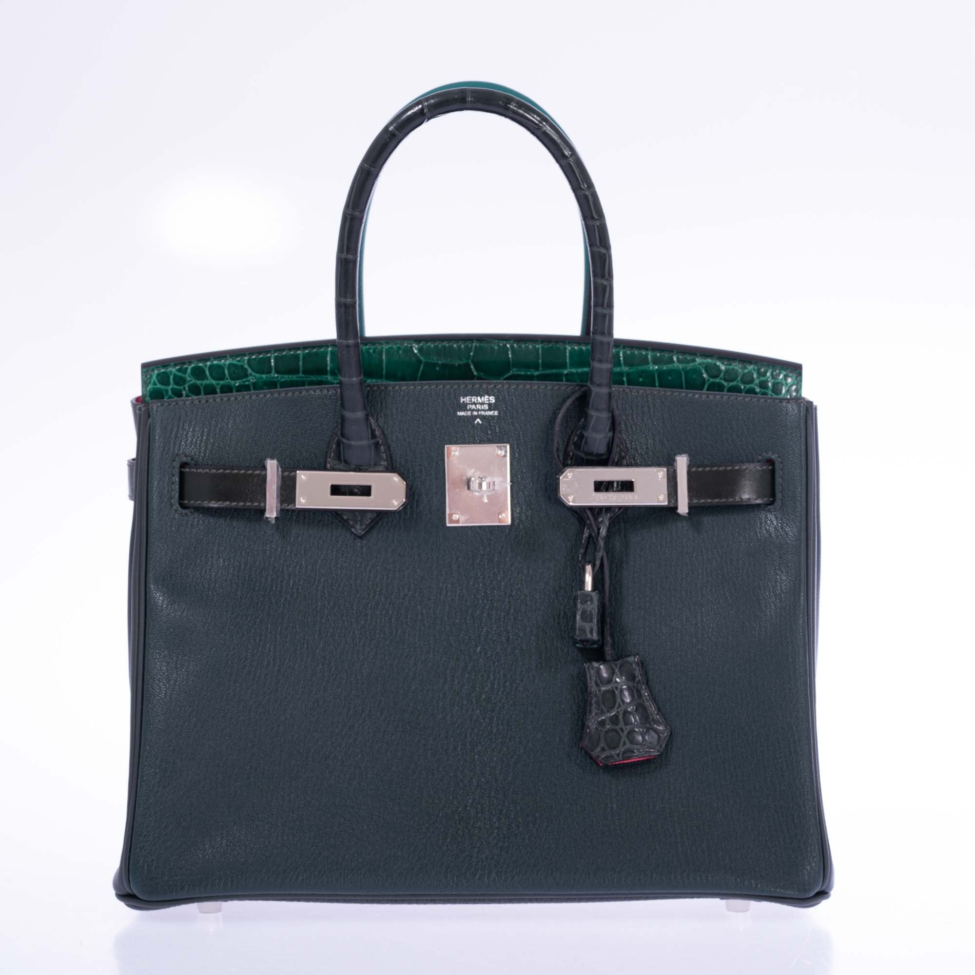 Hermès Birkin 30 Vert Emerald Porosus Crocodile, Vert Titien and Rose Azalée Patchwork Palladium Hardware